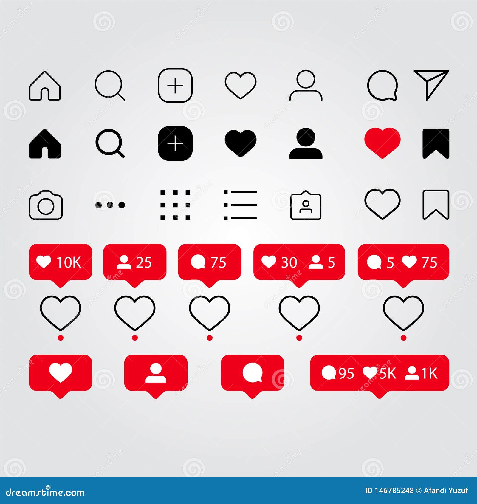 set of social media icons inspired by instagram: like, follower, comment, home, camera, user, search.   with whi