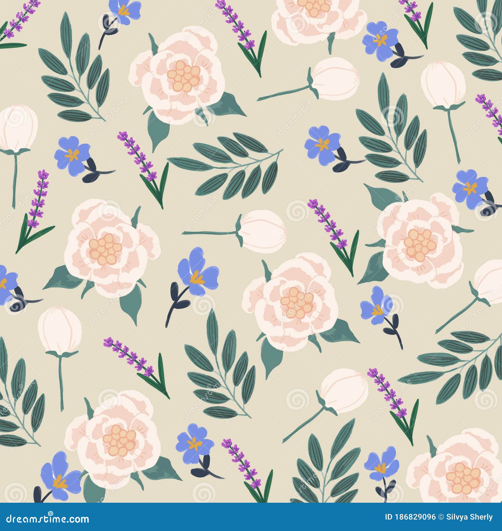 Vector Opaque Watercolor Gouache White and Blue Flowers Seamless