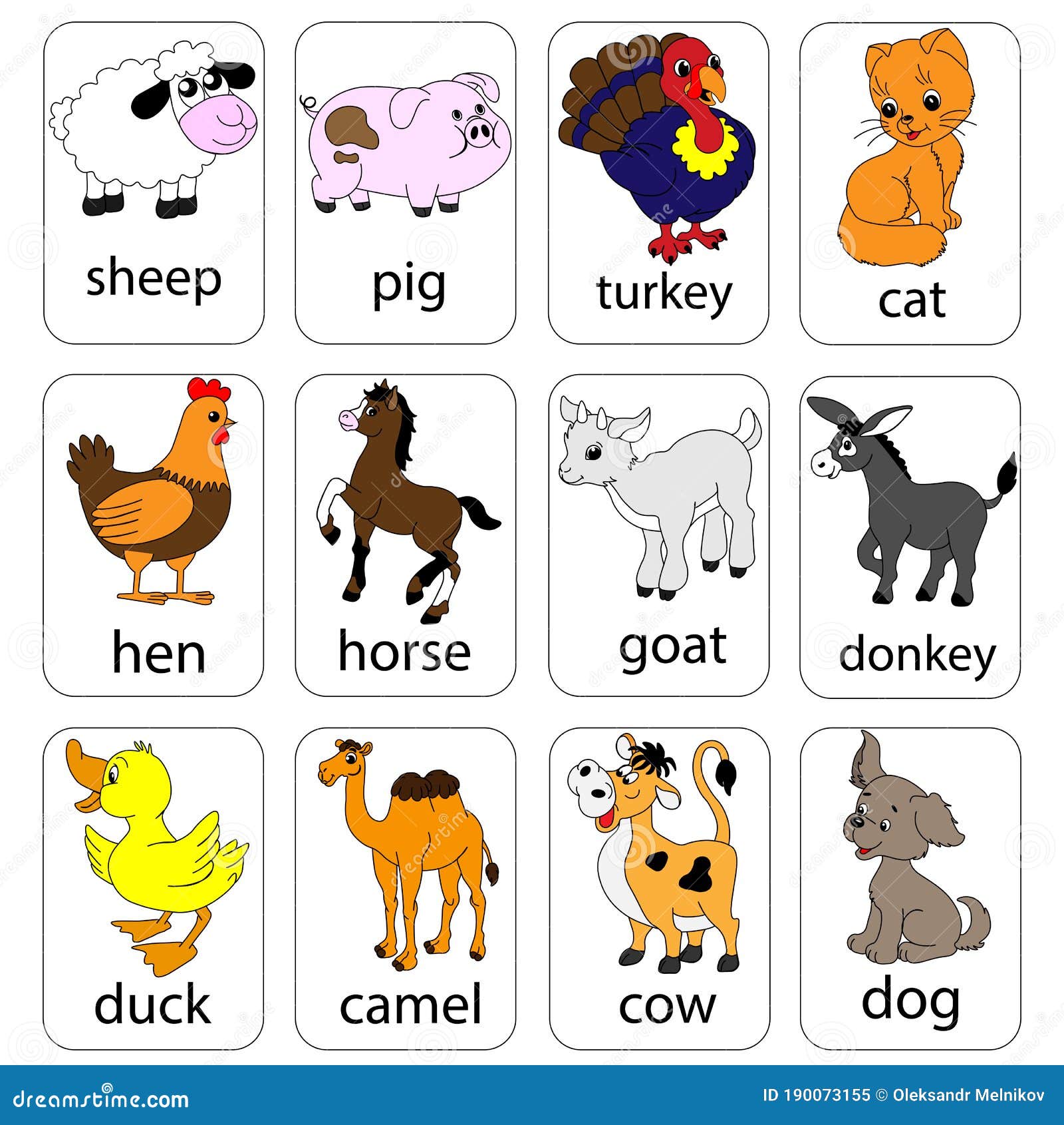 Sheep, Pig, Turkey, Cat, Chicken, Horse, Goat. Stock Vector