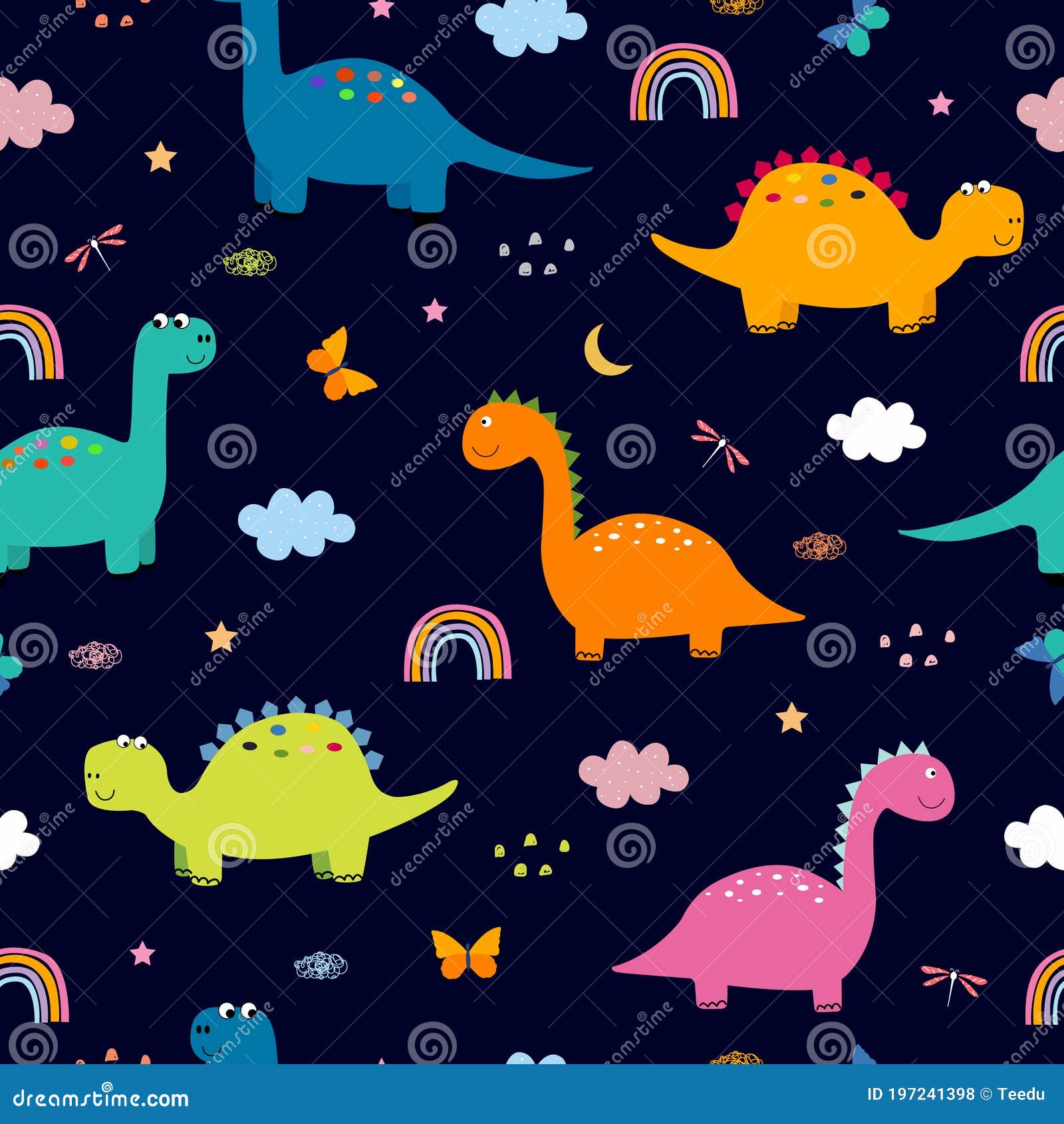 Dinosaurs and Clouds in the Sky Seamless Pattern Cute Cartoon Animal  Background Stock Vector - Illustration of character, cloud: 197241398