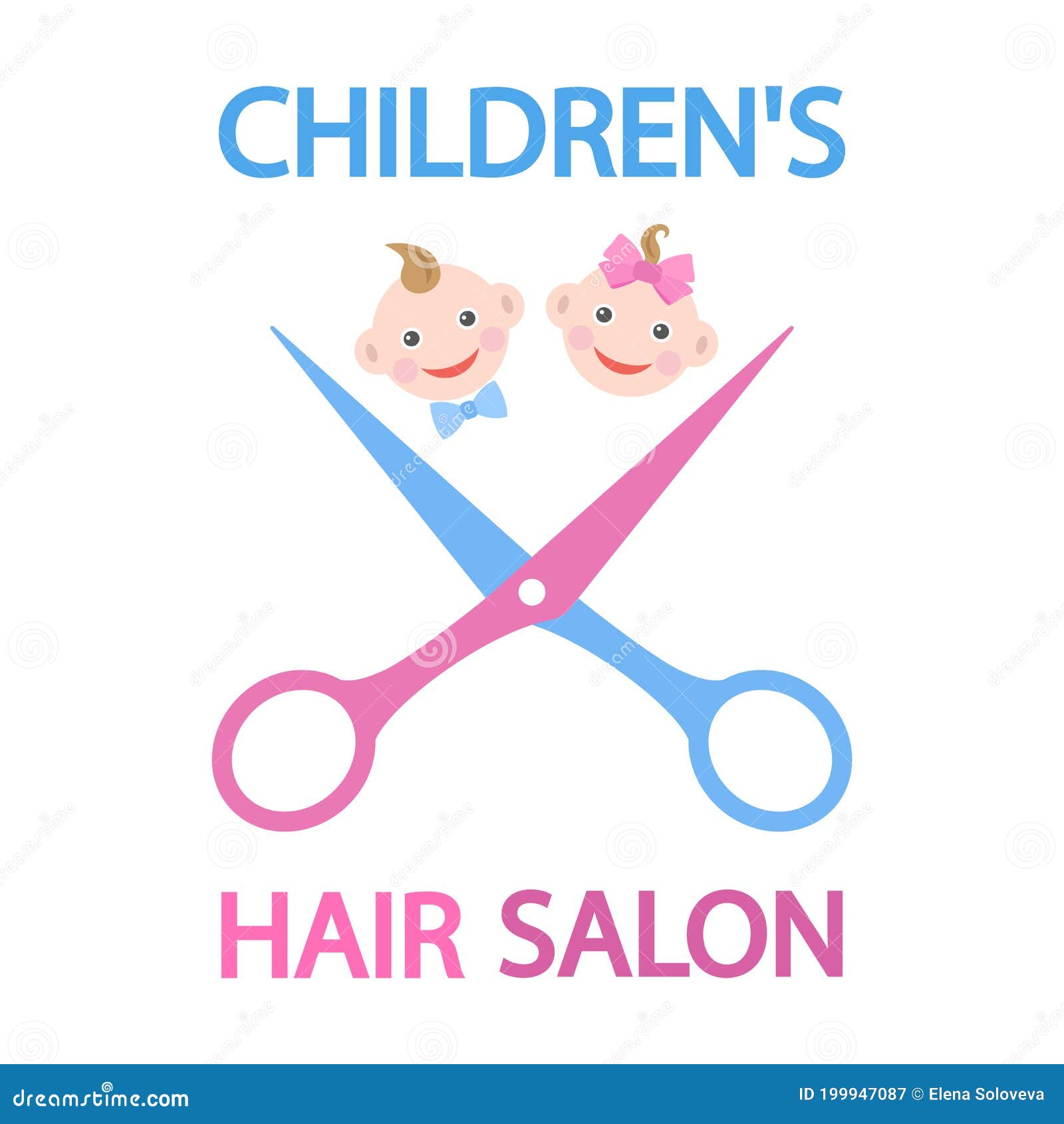Children Hair Salon Logo. Children Faces and Scissors with Text on a