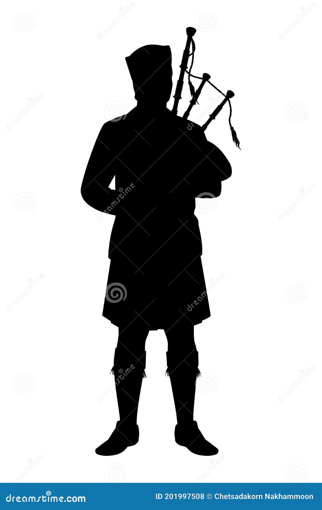 Scottish Man Bagpipers in Traditional Dress Silhouette Vector on White