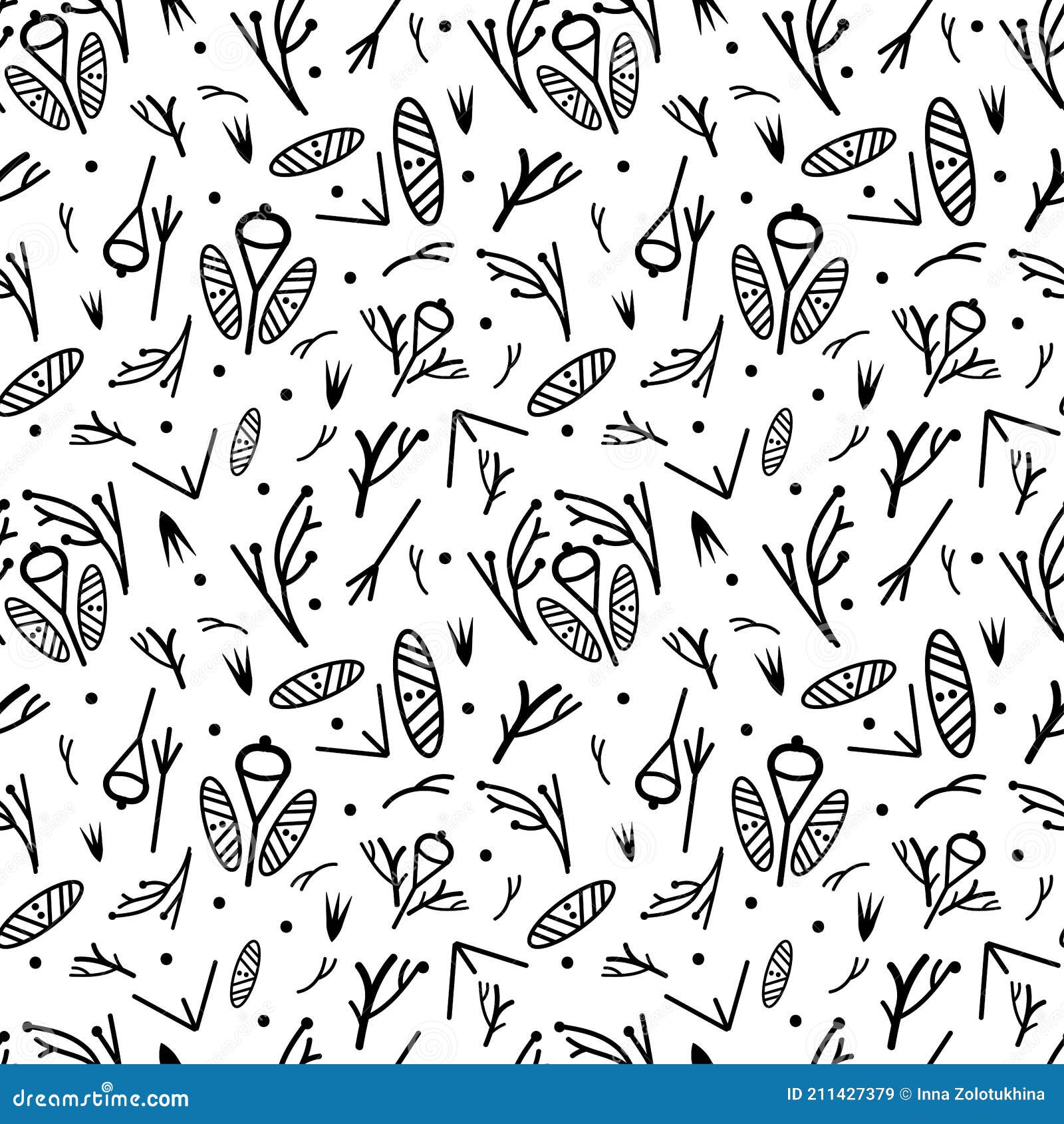  seamless pattern from different drawn decorative s, branches, nature