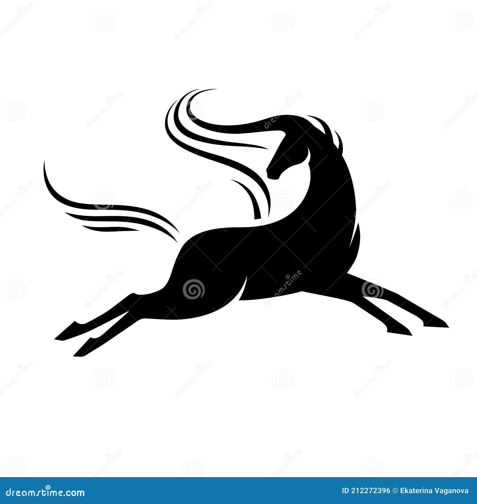 horse running with head turned around. black stylized silhouette of stallion in jump.