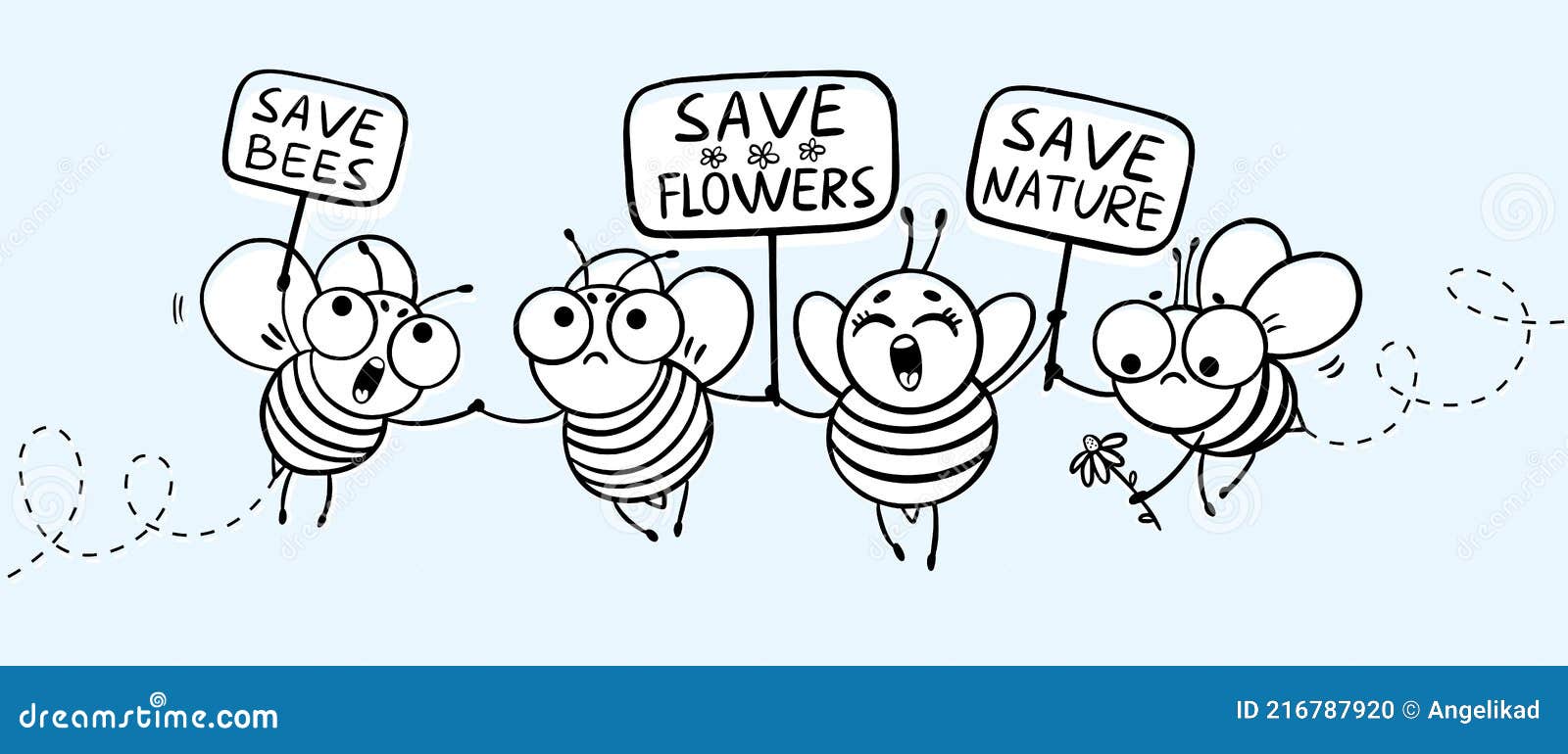 save the bees - funny bees drawing.  with cute cartoon bees and signboards.