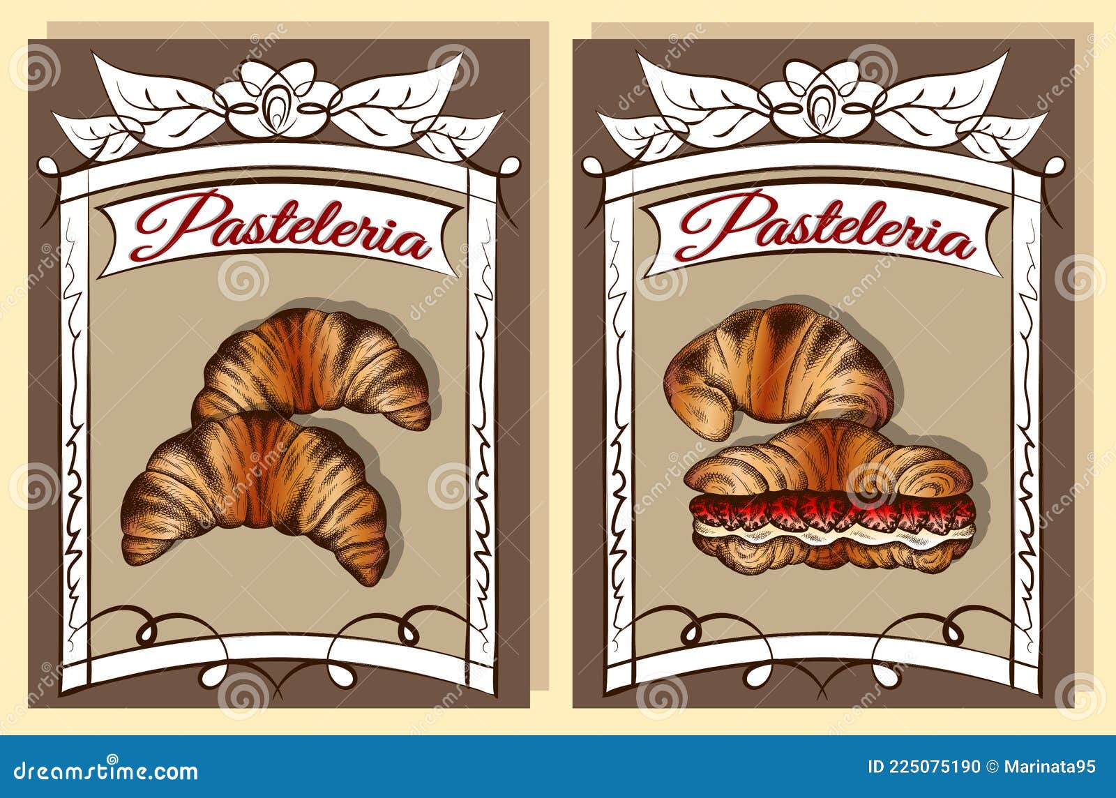   of sketch hand drawn poster with croissants. vintage bakery background. croissant with strawberry.