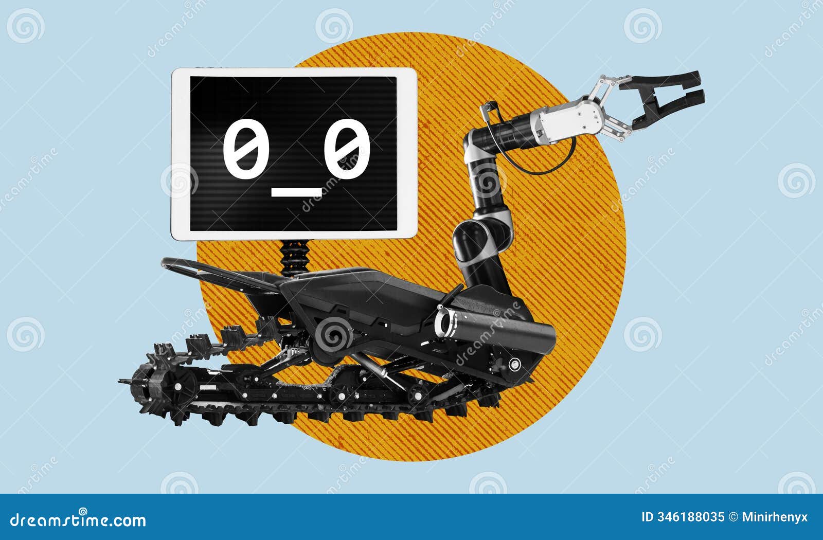 mobile ai robot with emoticon face on screen and mechanical arm