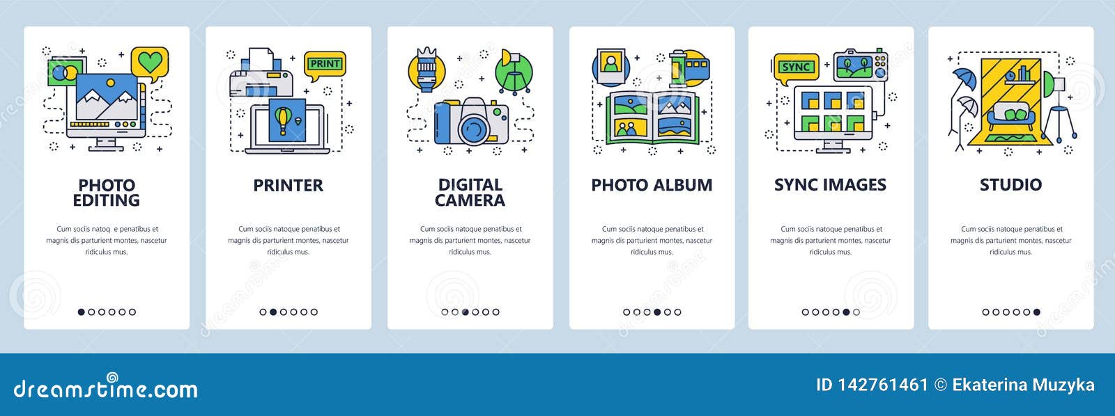 mobile app onboarding screens. photography studio, photo editing, digital camera, printer and album. menu  banner