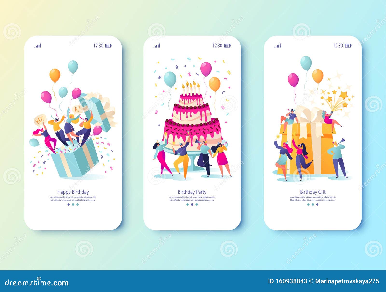 template for mobile app page with birthday celebrations theme. party celebration with friends.