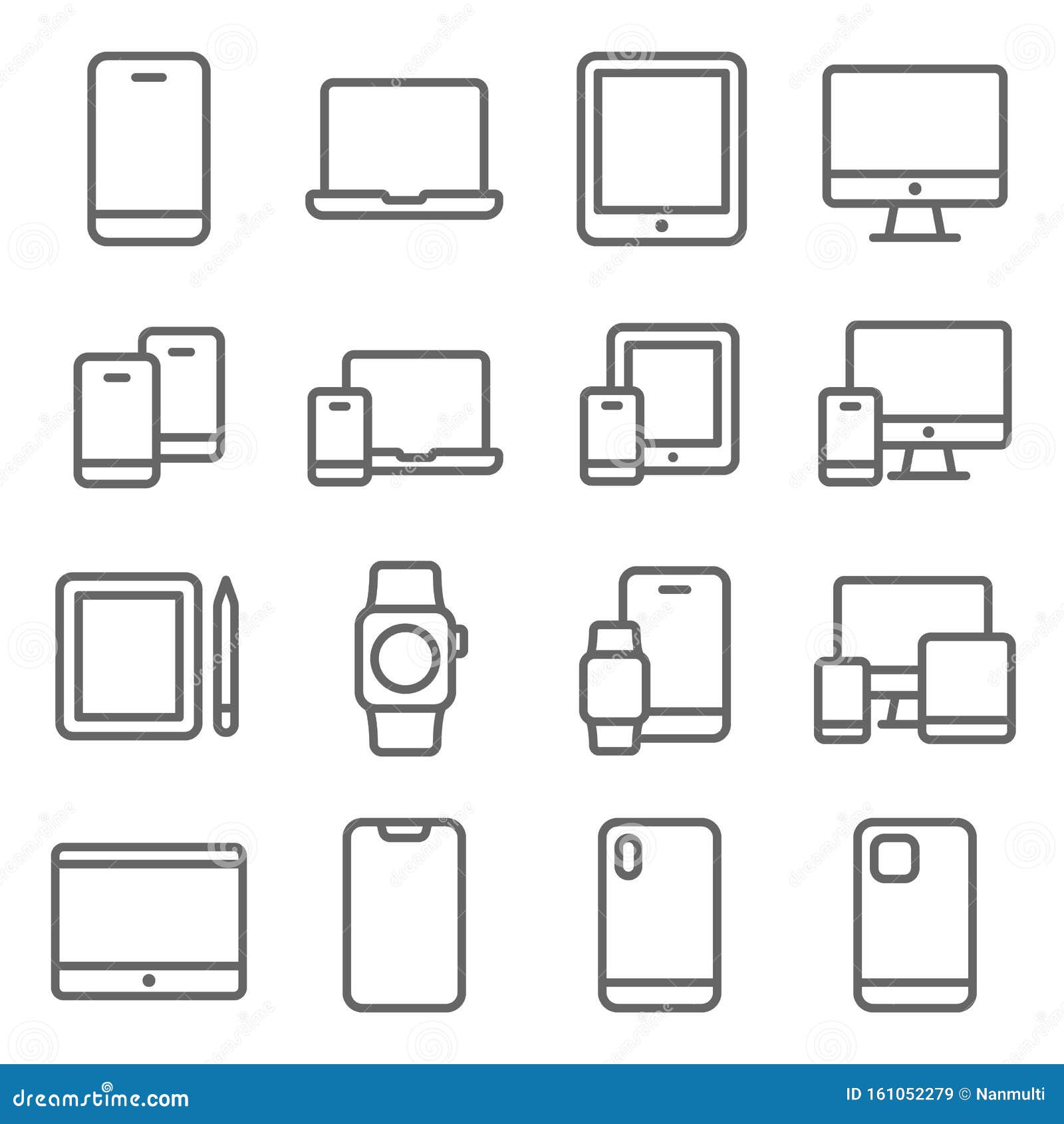 mobile device icons set  . contains such icon as tablet, smartphone, desktop,smart watch, and more. expanded str