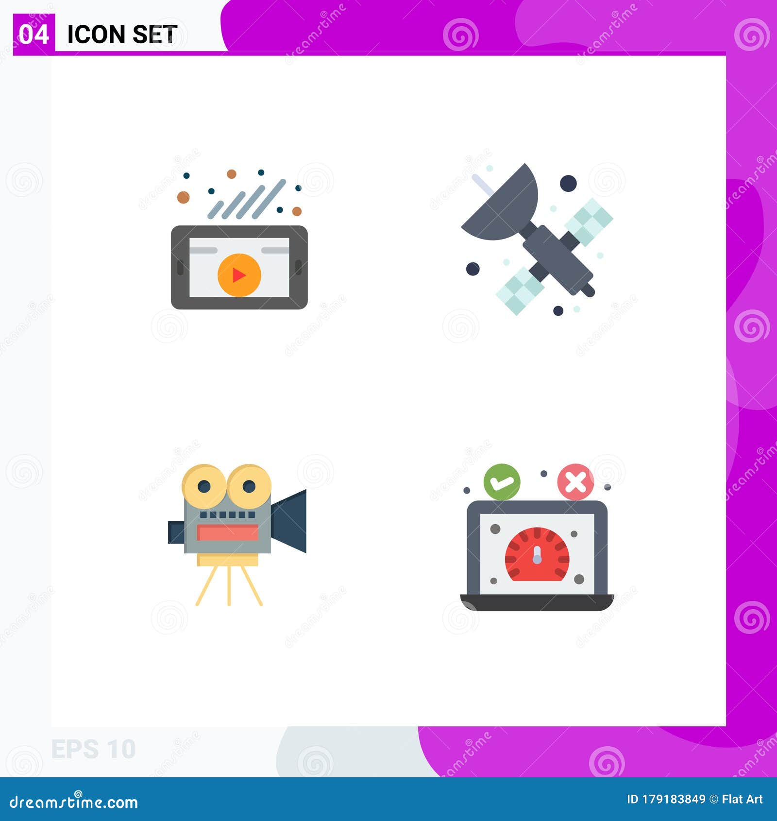 mobile interface flat icon set of 4 pictograms of marketing, movi, social network, satellite, education
