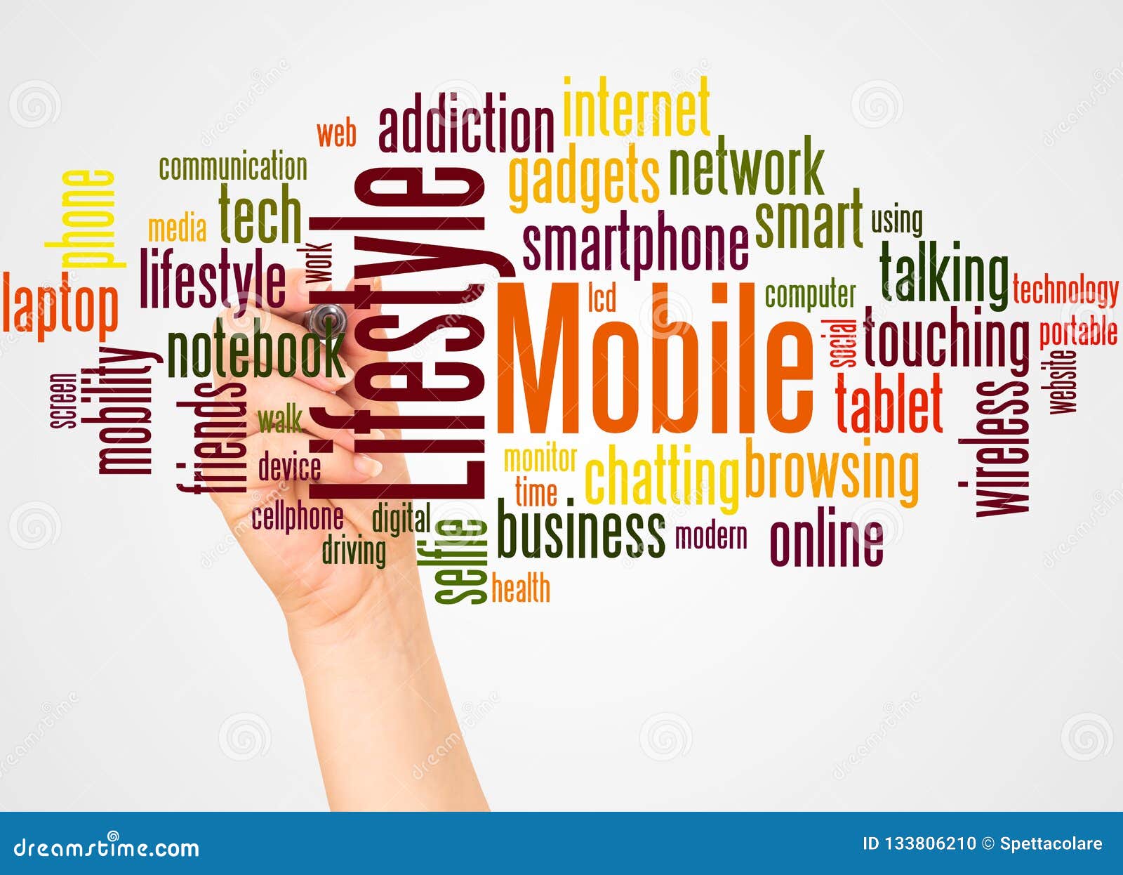 Mobile Lifestyle Word Cloud and Hand with Marker Concept Stock