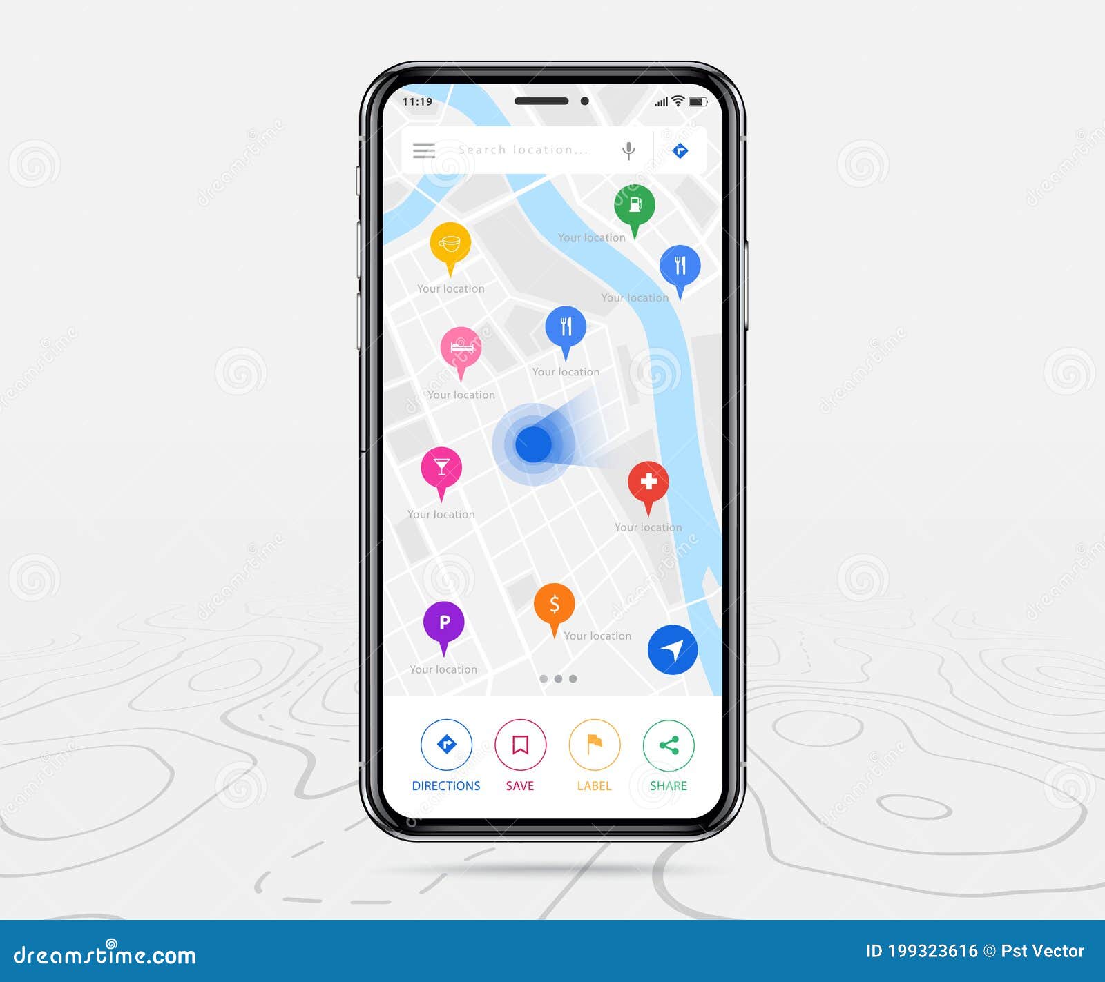 Mobile Map GPS, Smartphone Map and Colorful Pinpoint on Screen, App Search Map Navigation, Isolated on Line Maps Stock Vector - Illustration of icons, graphic: 199323616