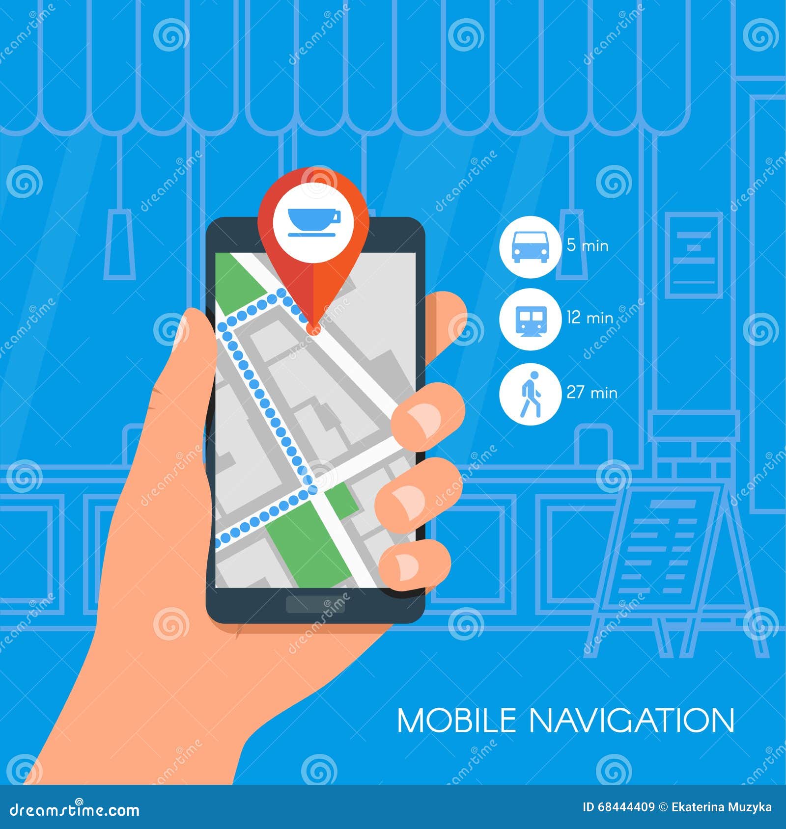 Afledning Gravere genvinde Mobile Navigation Concept Vector Illustration. Hand Holding Smartphone with Gps  City Map on Screen and Route. Flat Stock Vector - Illustration of holding,  online: 68444409