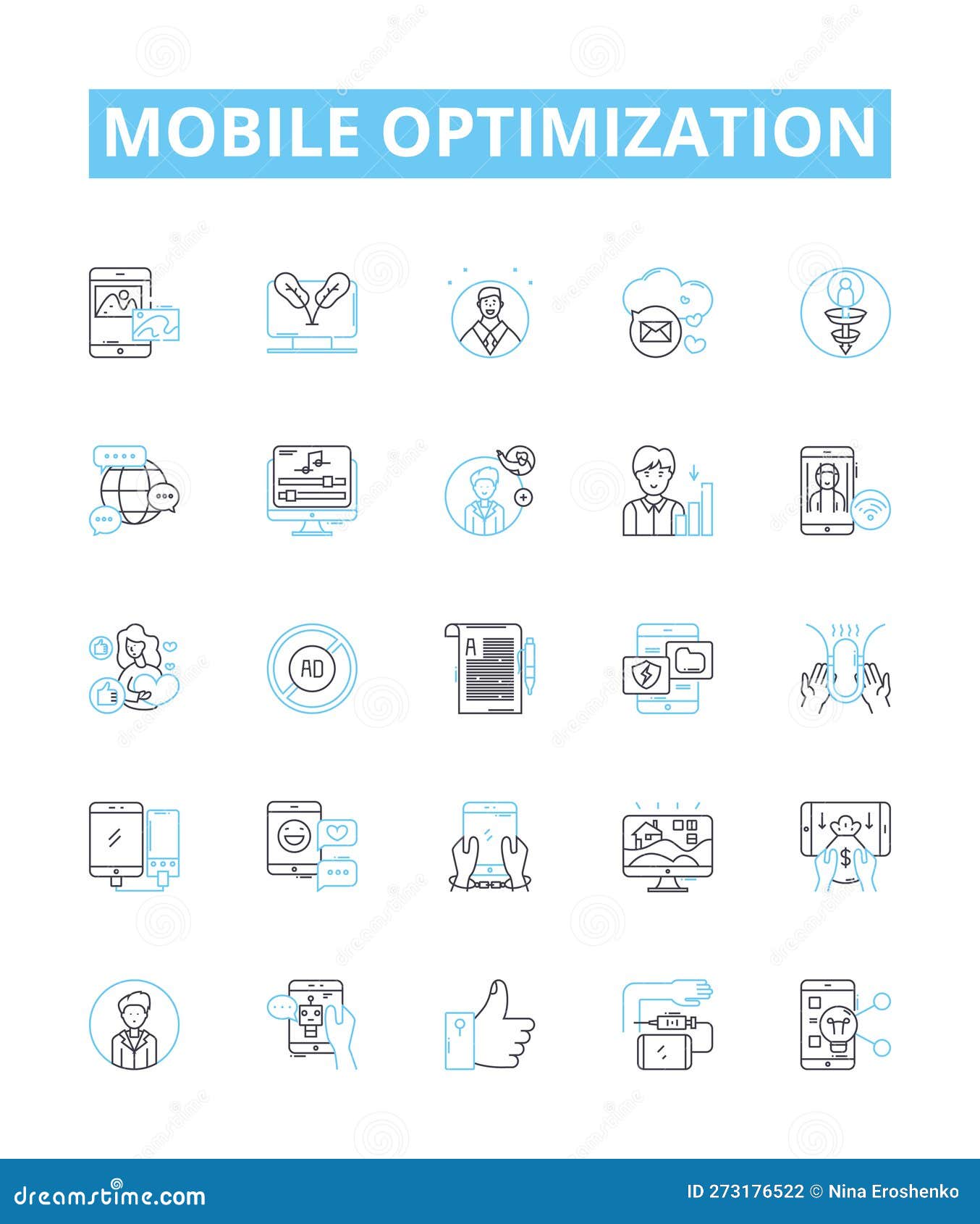 mobile optimization  line icons set. mobile, optimization, responsiveness, , webpage, app, user 
