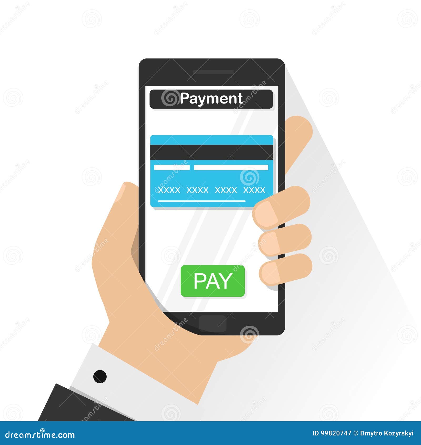 Mobile Payment Credit Card, Hand Holding Phone, Flat Design Vector. Stock Vector Illustration