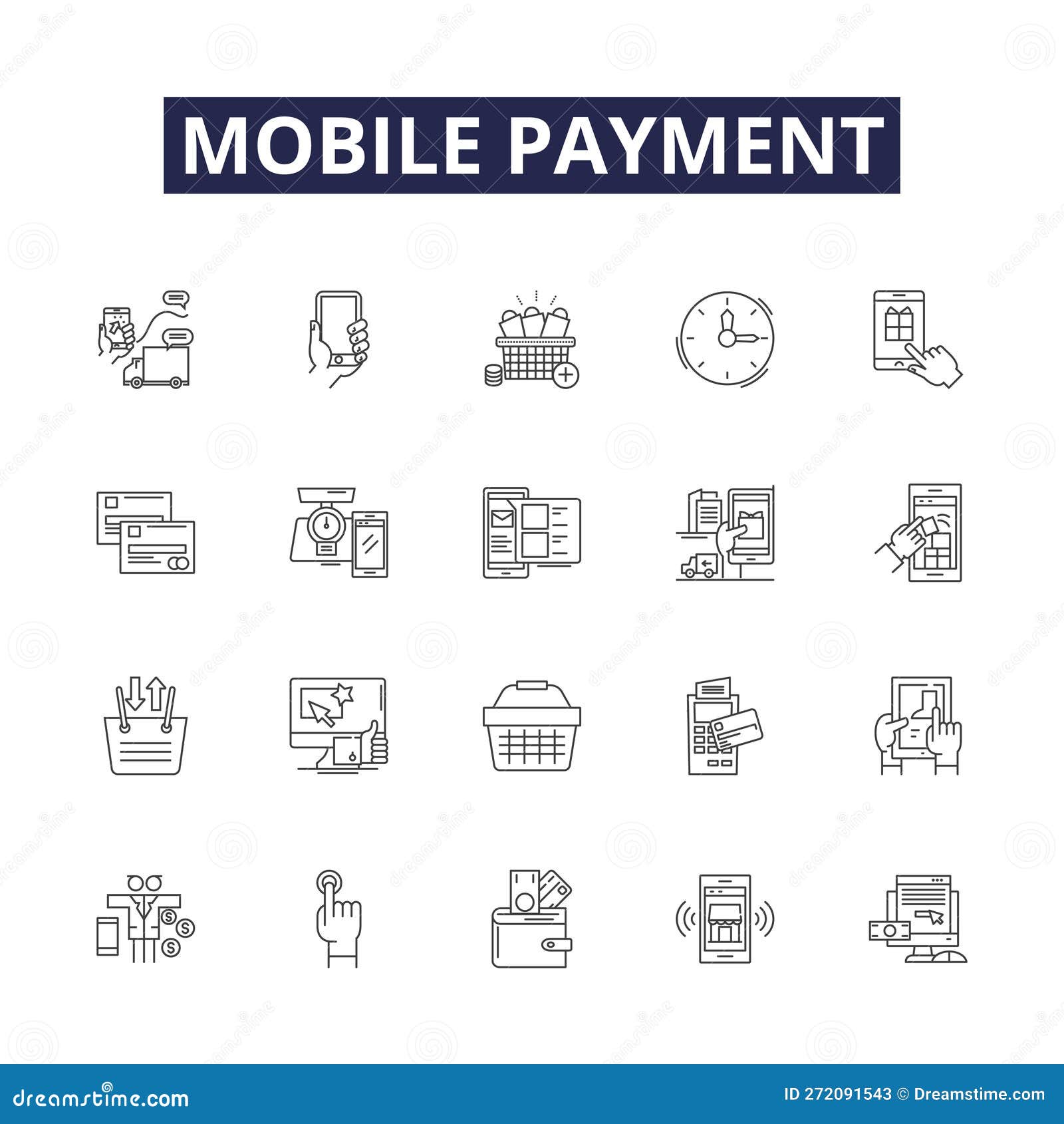 mobile payment line  icons and signs. wallet, mcommerce, nfc, cashless, biometrics, fingerprint, tokenization, pay