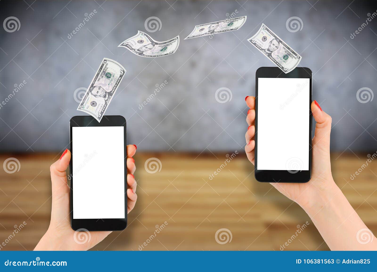 mobile payment or money transfer with smartphone, wooden background