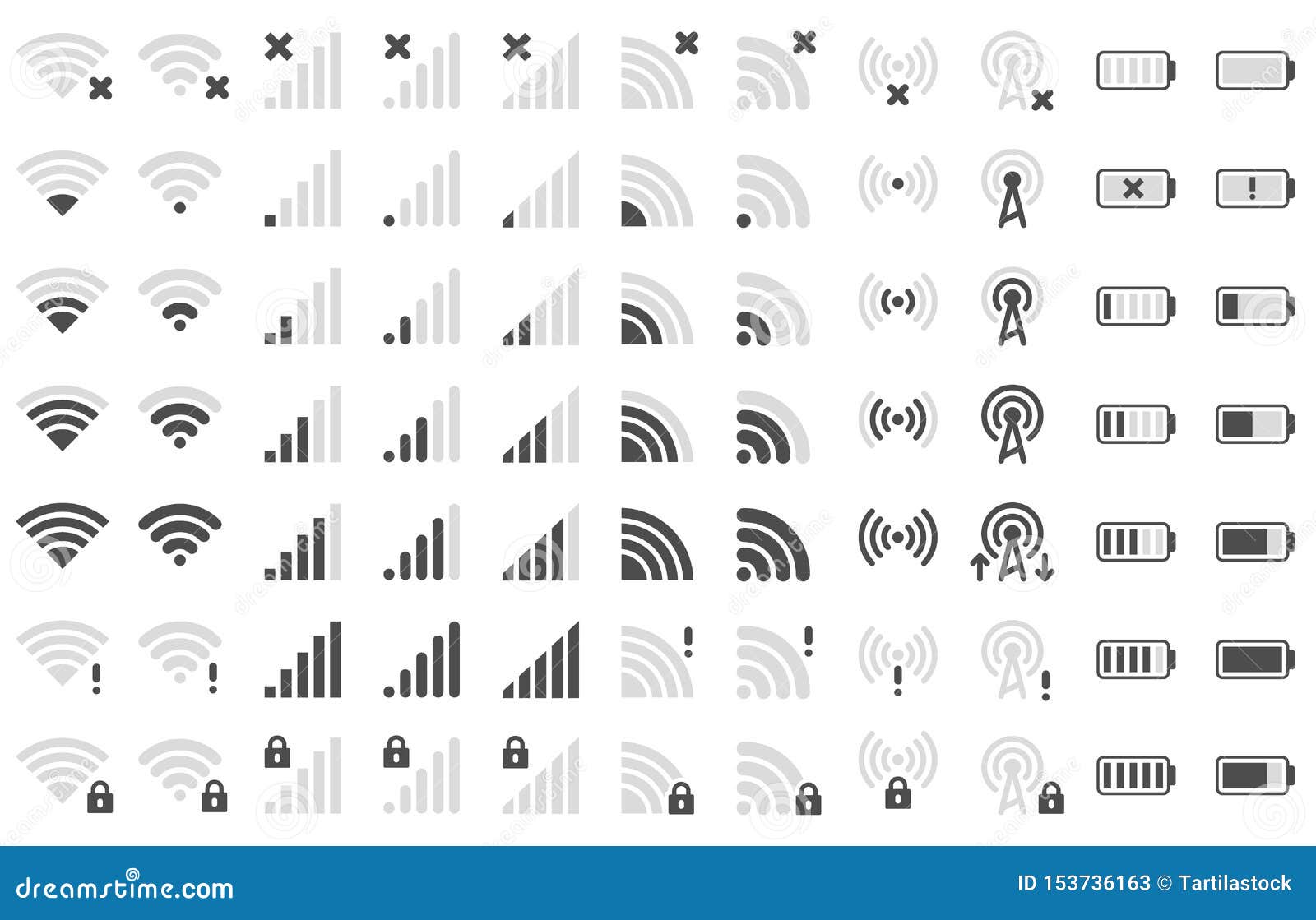 mobile phone bar icons. smartphone battery charge level, wifi signal strength icon and network connection levels