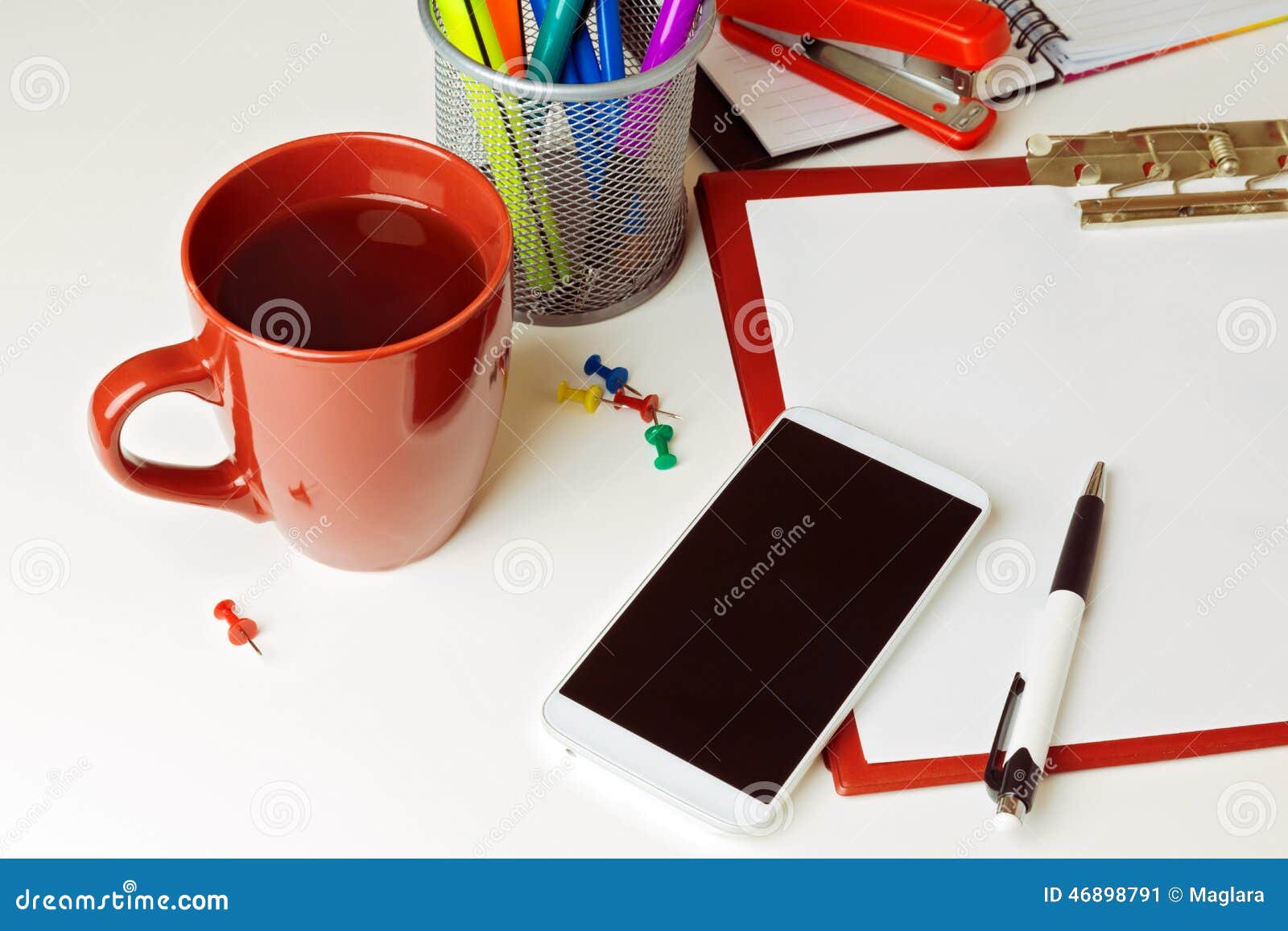 Mobile Phone, Coffee and Office Items on White Tabletop. Business
