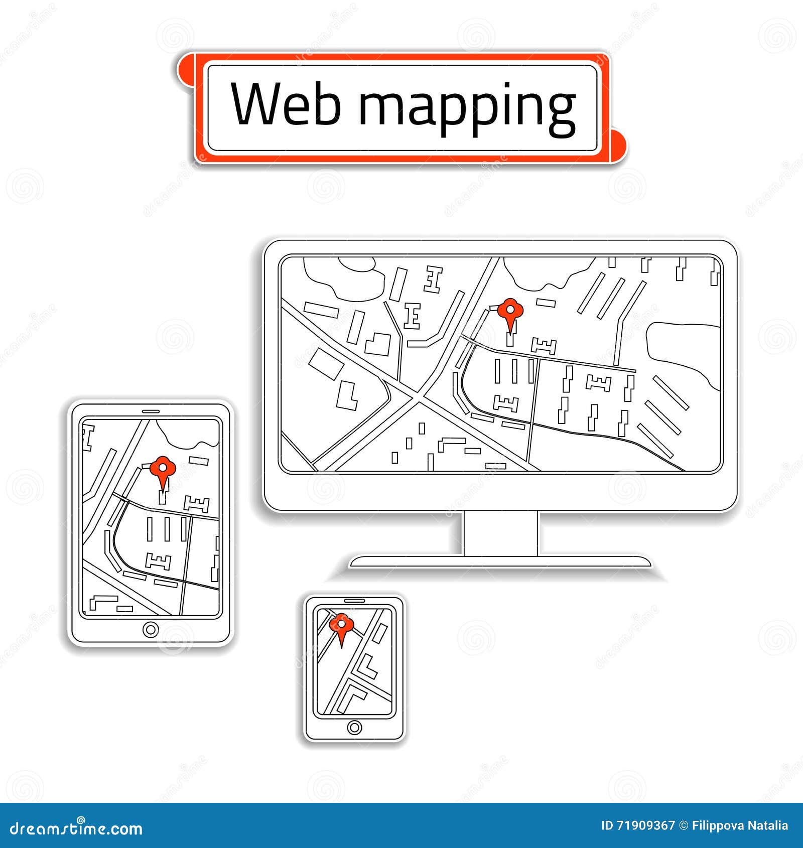 mobile phone, computer (pc) and tablet with internet map. title web mapping inside the red box.