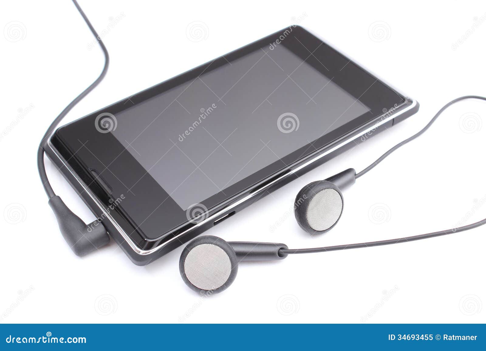 Mobile Phone with Connected Headphones on White Background Stock Image