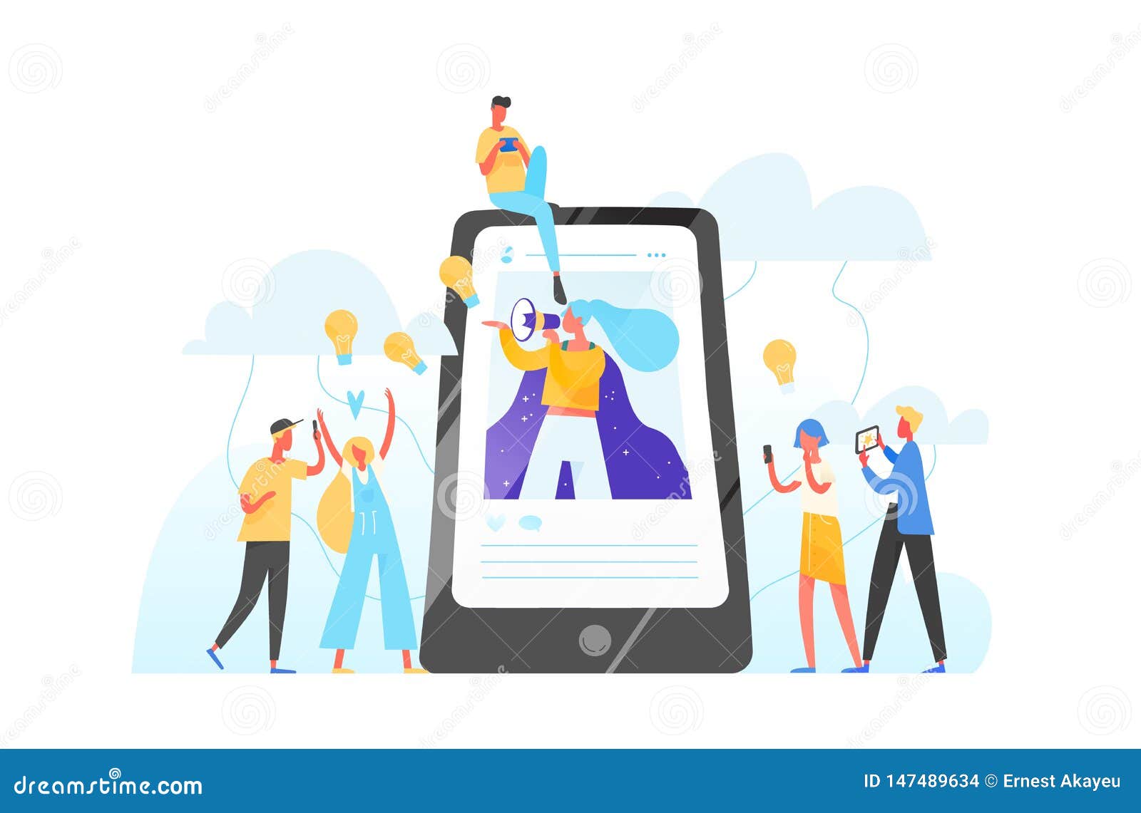 mobile phone, woman with megaphone on screen and young people surrounding her. influencer marketing, social media or