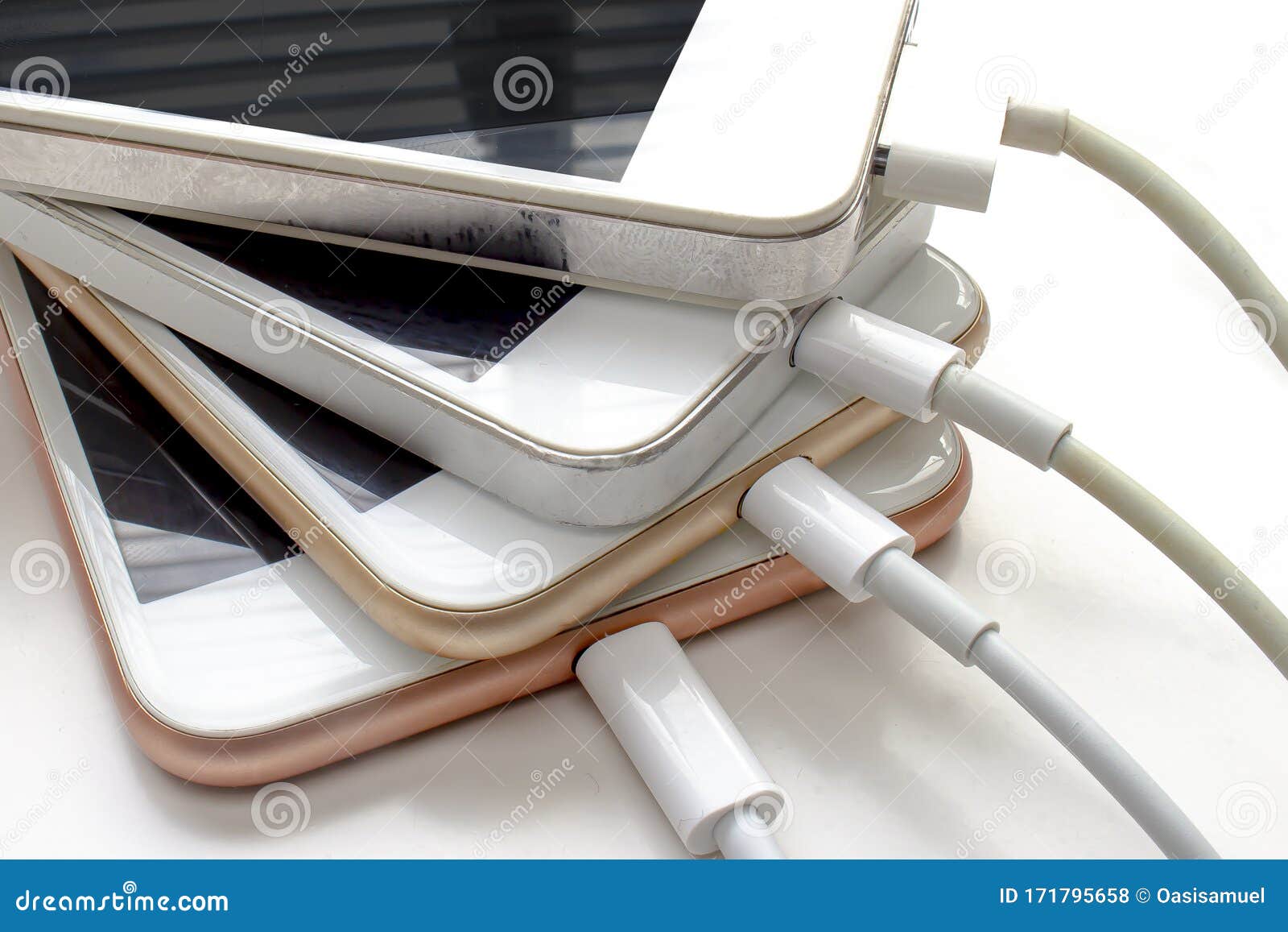 Mobile Phones Getting Charger, Electronic Cable Waste Stock Photo