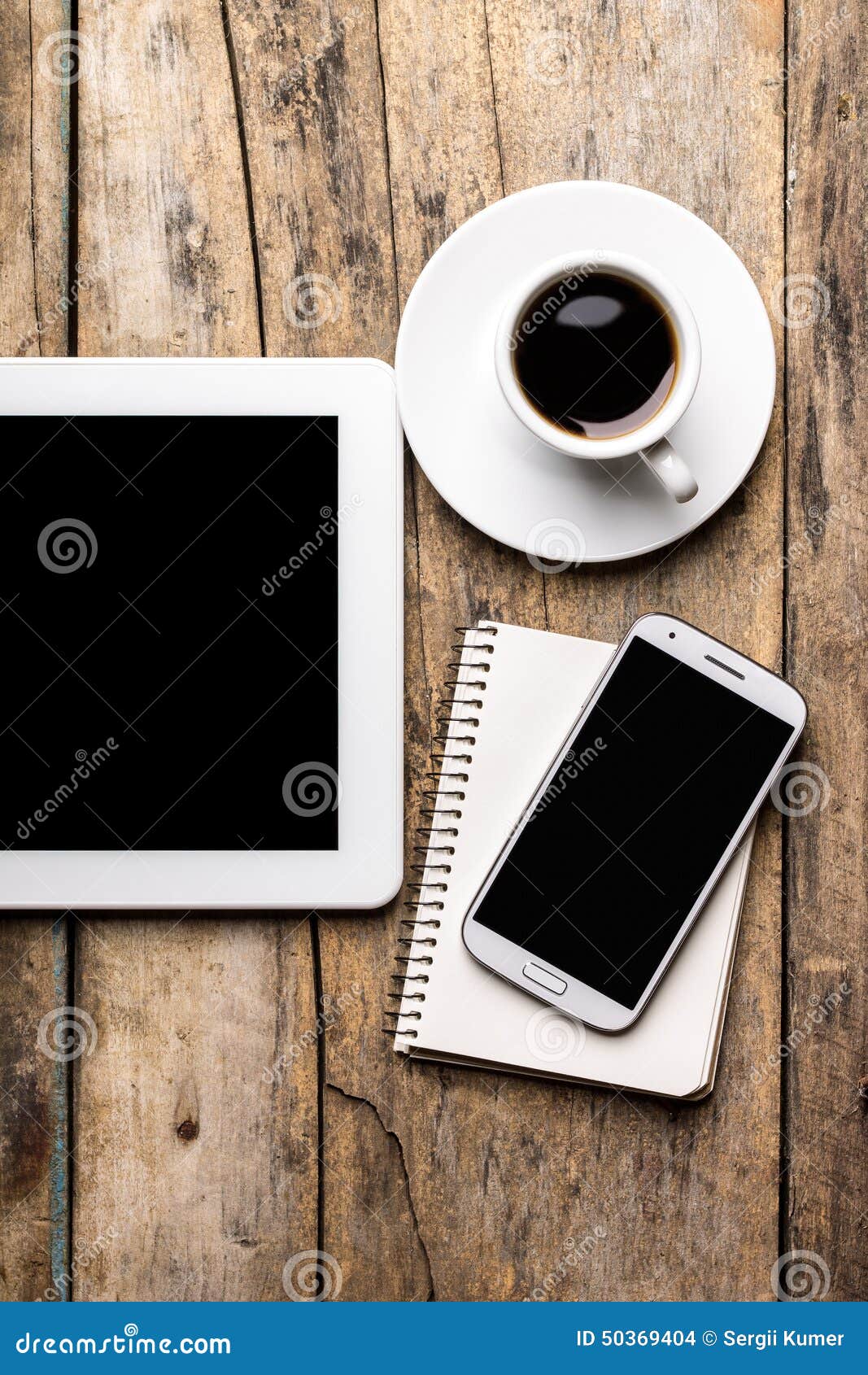 Mobile Workplace With Tablet PC, Phone And Cup Of Coffee ...