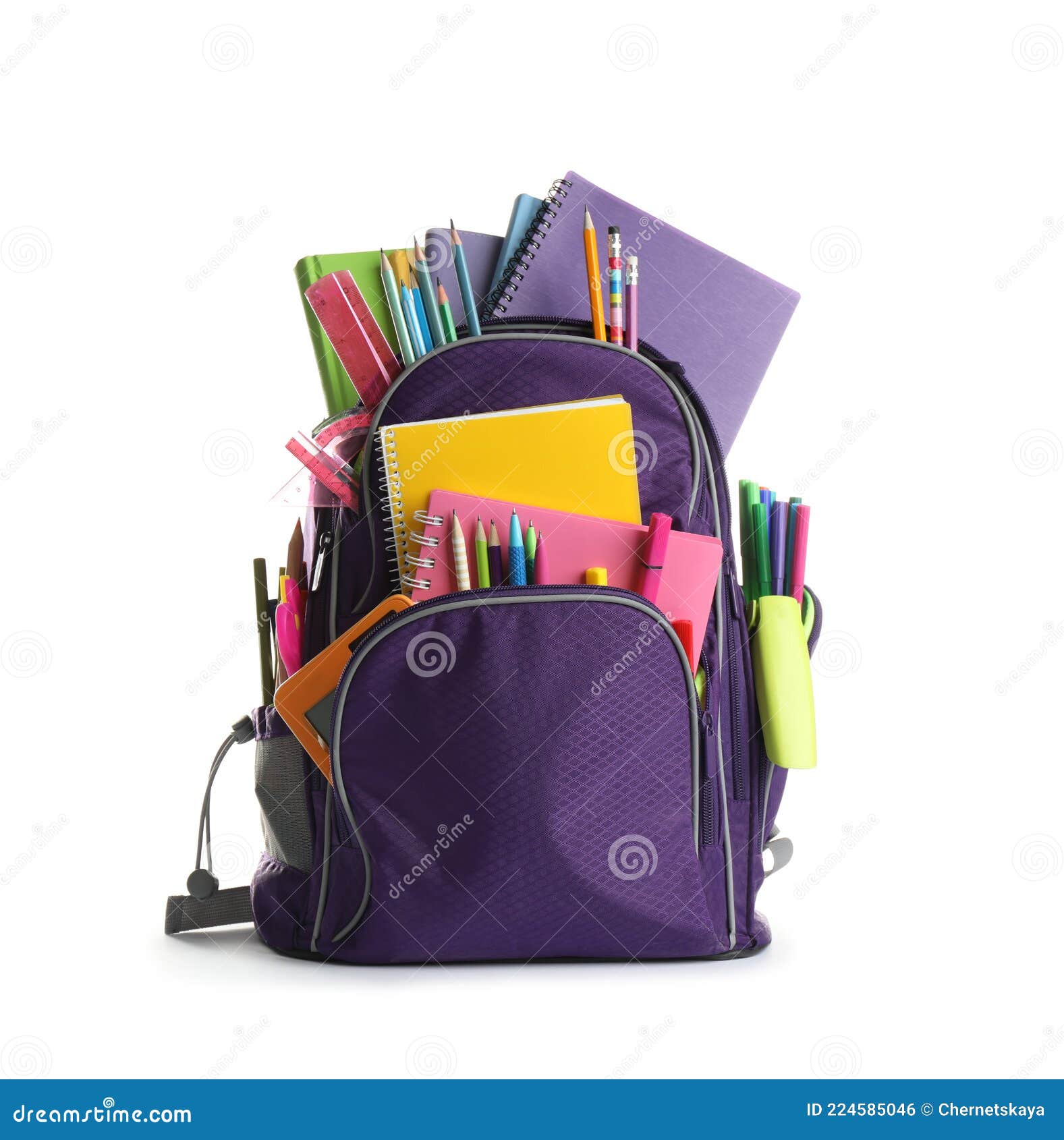 Mochila Púrpura Con Diferentes útiles Escolares En Blanco Foto de archivo Imagen de color, 224585046