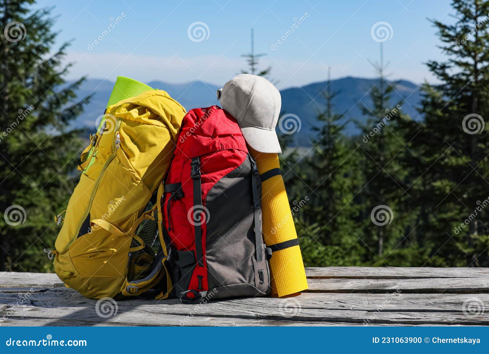 Mochilas Colchonetas Para Dormir Y Tapón En La Superficie De Madera Espacio  Al Aire Libre Para Texto. Turismo De Montaña Foto de archivo - Imagen de  ambiente, nadie: 231063900