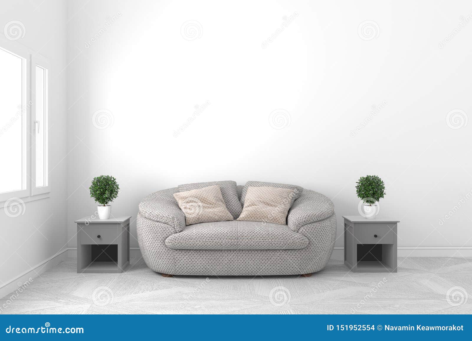 Beautiful White Empty Room-Living Room Interior Design - with Sofa and  Plants and Windows on Empty White Wall Background - Stock Illustration -  Illustration of modern, minimalism: 151952554