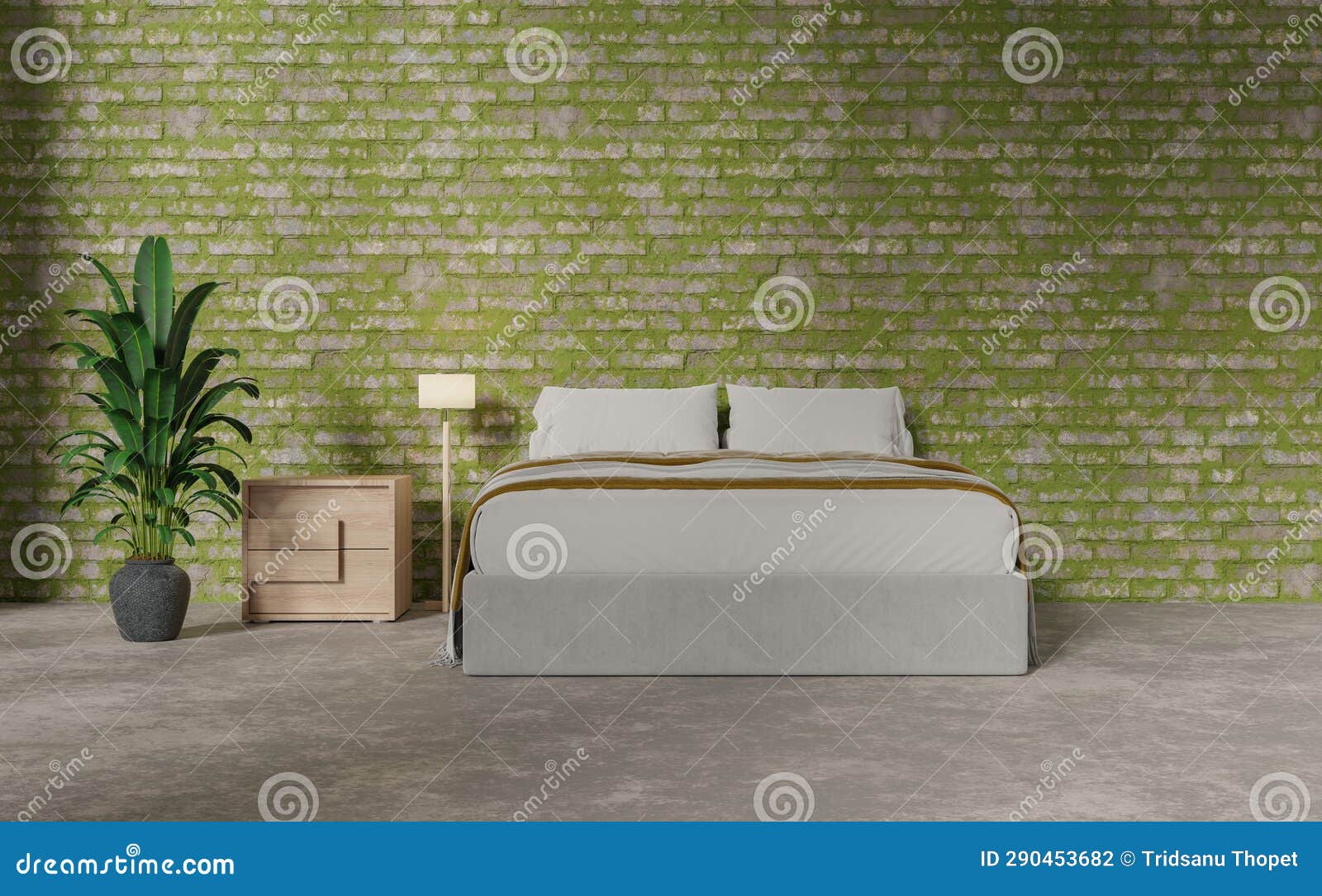 mock up bed room with moss bric wall