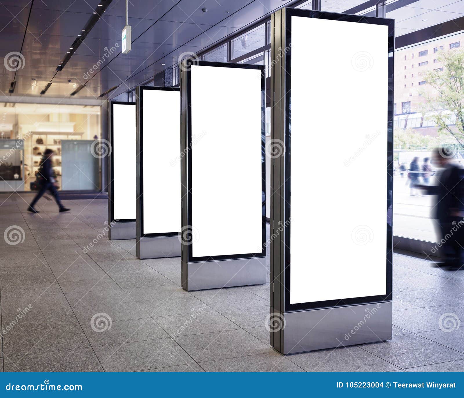 mock up blank banners display in public building with people