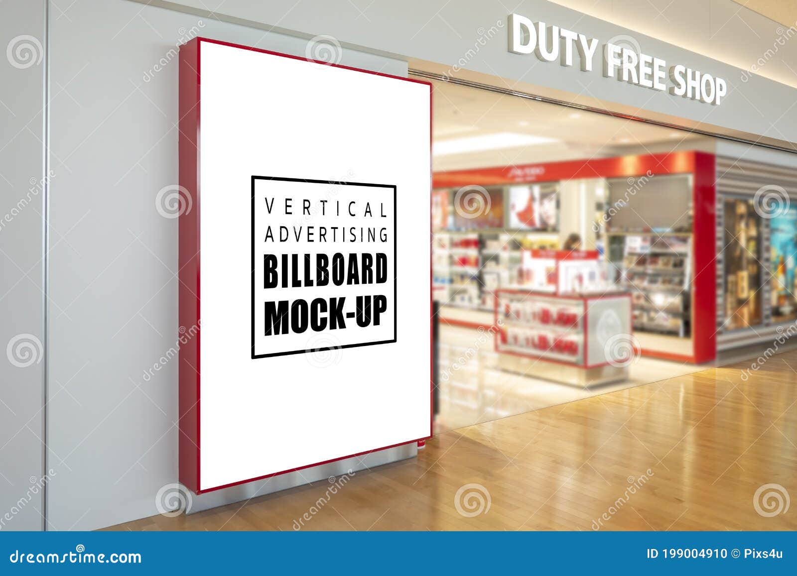 mock up blank large billboard near entrance of duty free shop