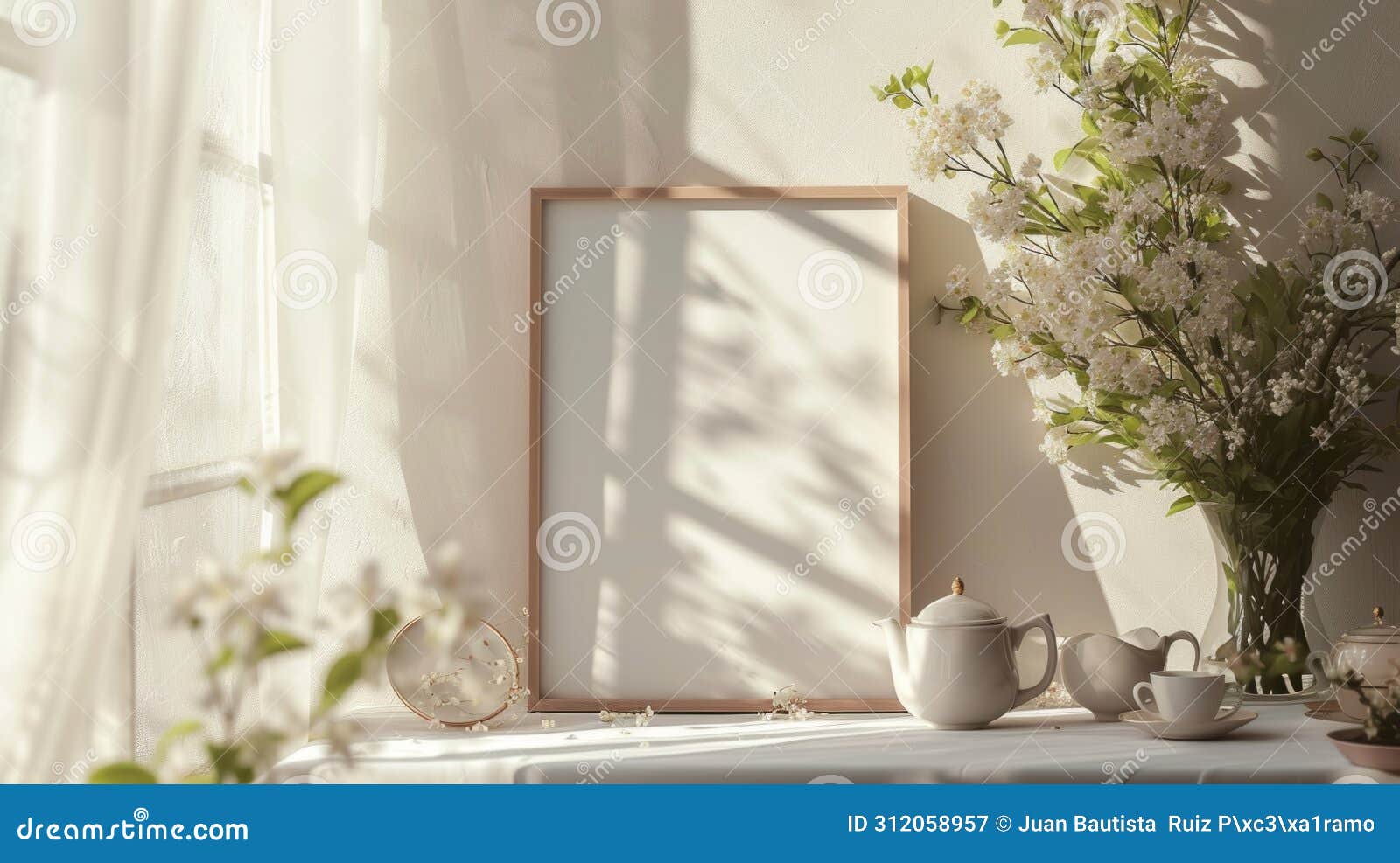 a mock-up of a blank menu or order card on a table with a tasteful tea set in a tranquil setting with soft sunlight.