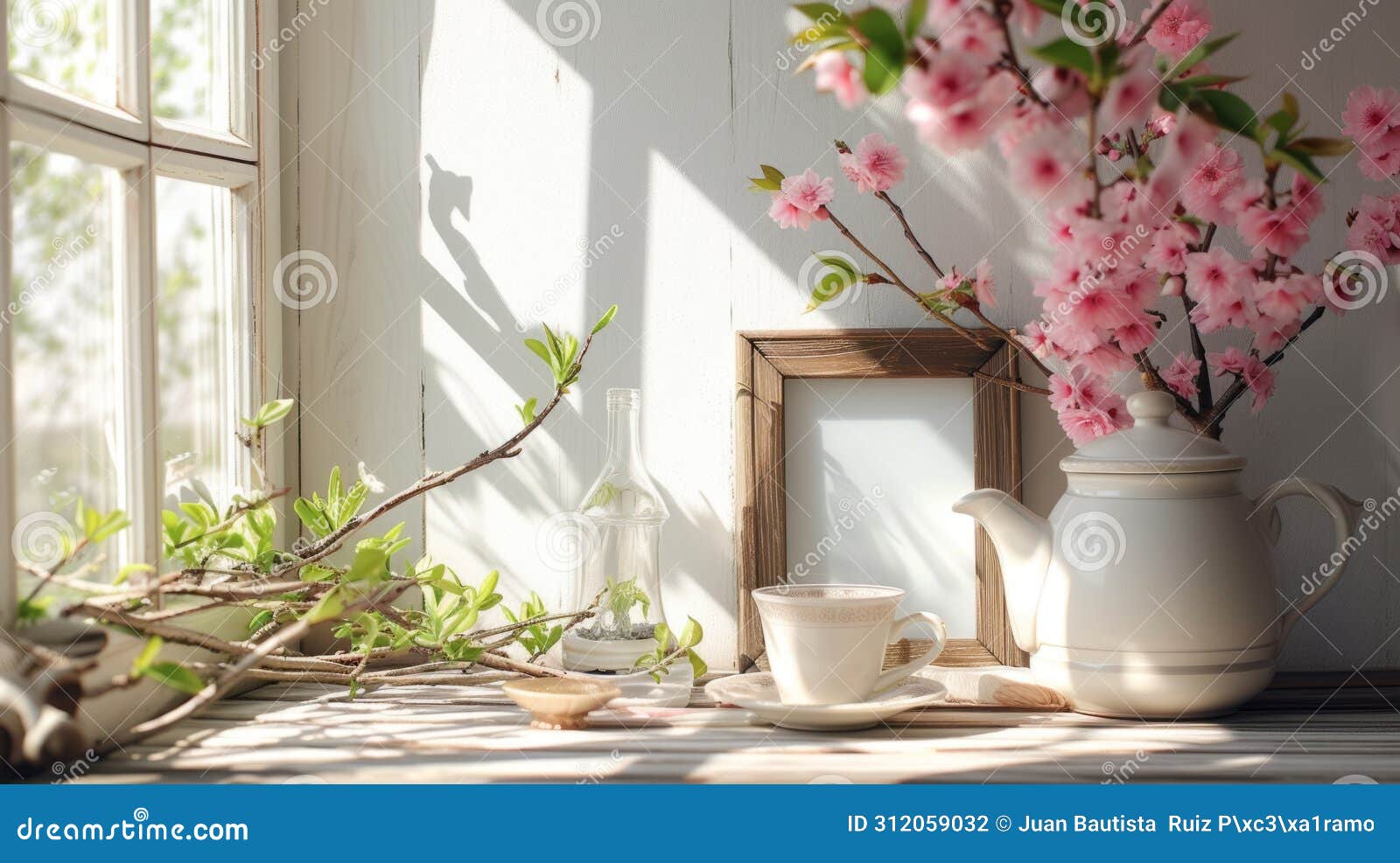 a mock-up of a blank menu or order card on a table with a tasteful tea set in a tranquil setting with soft sunlight.