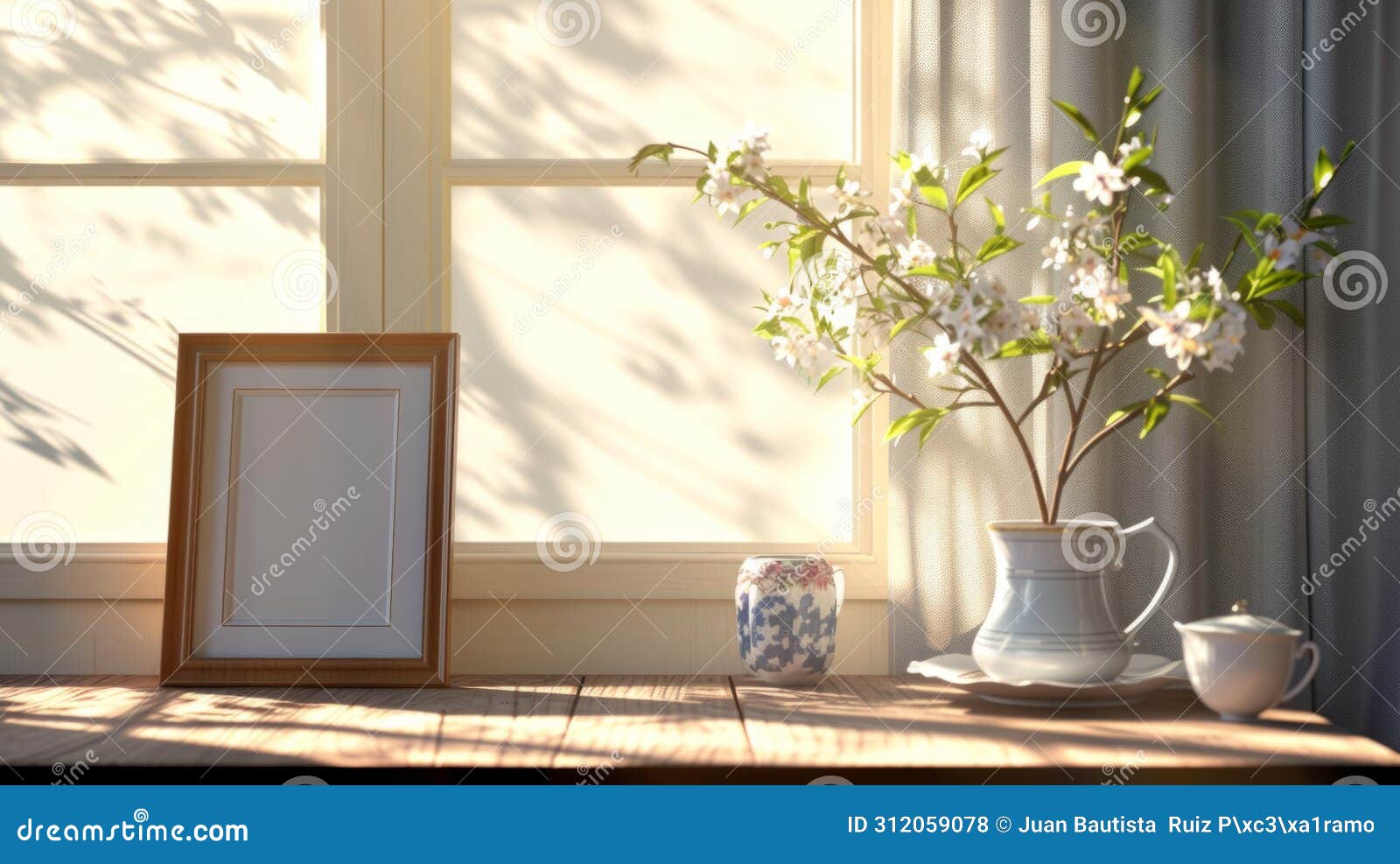 a mock-up of a blank menu or order card on a table with a tasteful tea set in a tranquil setting with soft sunlight.