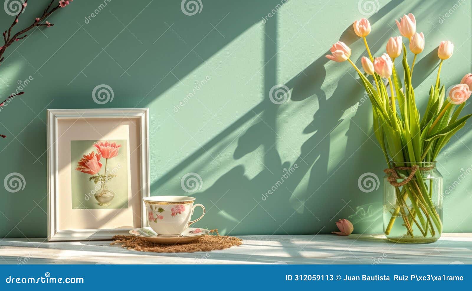 a mock-up of a blank menu or order card on a table with a tasteful tea set in a tranquil setting with soft sunlight.