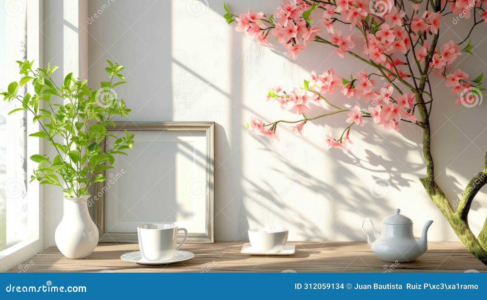 a mock-up of a blank menu or order card on a table with a tasteful tea set in a tranquil setting with soft sunlight.
