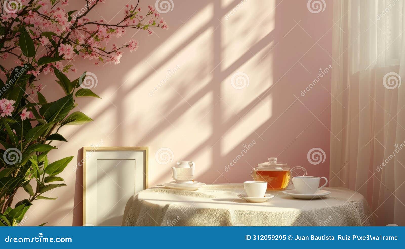 a mock-up of a blank menu or order card on a table with a tasteful tea set in a tranquil setting with soft sunlight.