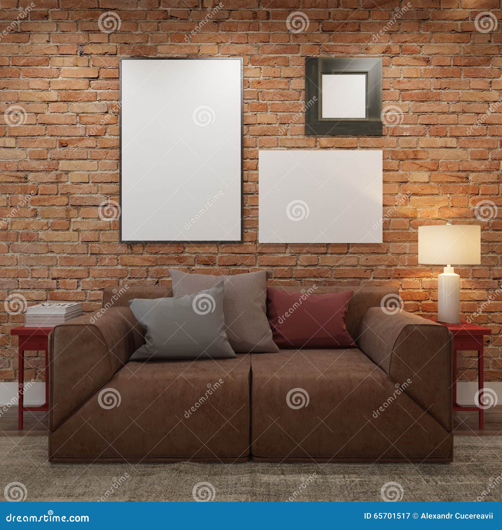 Mock Up Blank Posters At The Brick Wall Of Living Room Stock