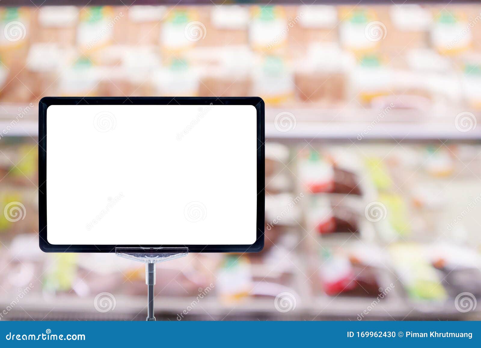 Download Mock Up Blank Price Board Poster Sign Display With Abstract Fresh Meat Shelves In Supermarket ...