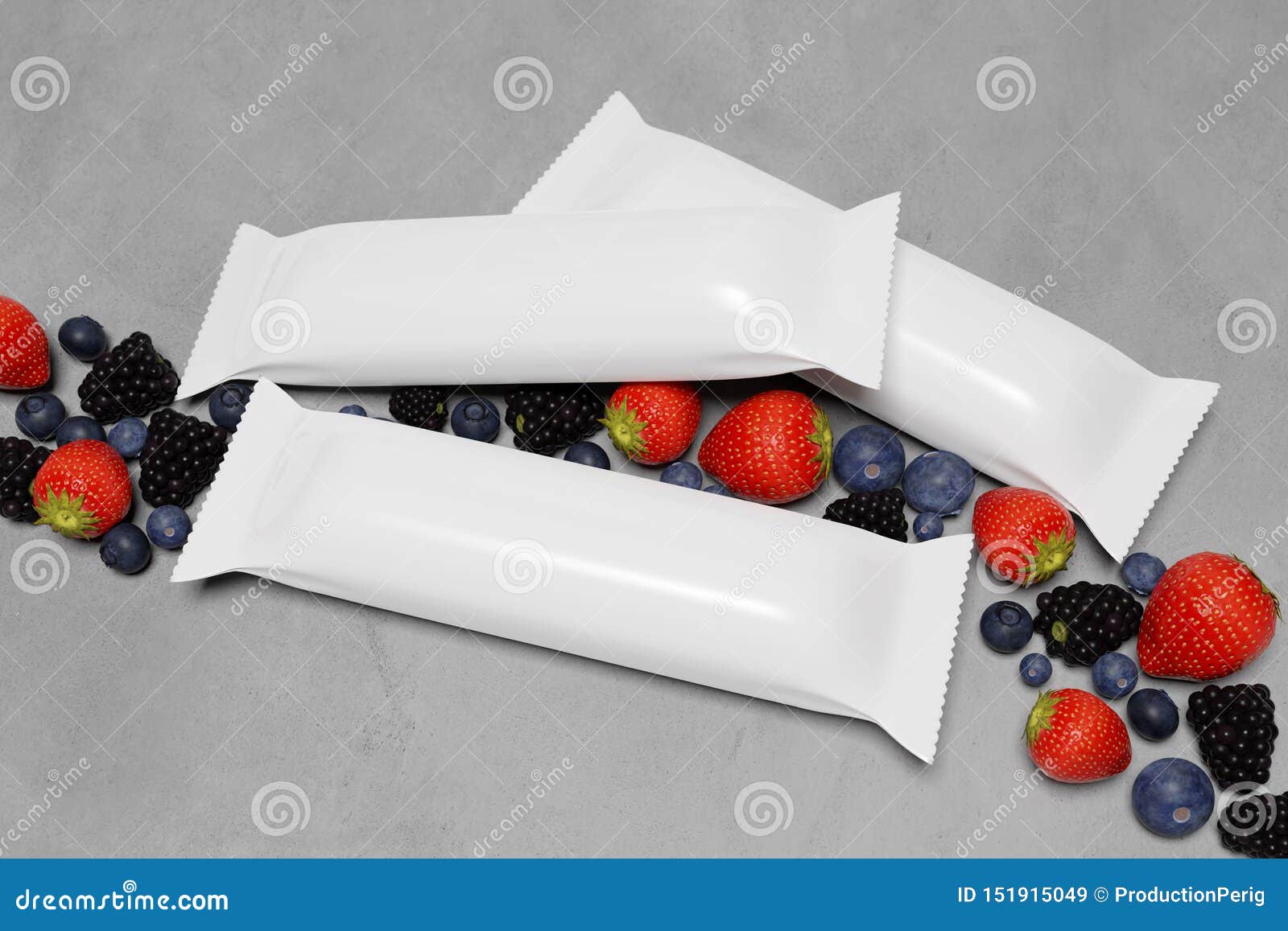 Mock Up Of A Cereal Bar Packaging On A Concrete Background With Red Fruits - 3d Rendering Stock ...