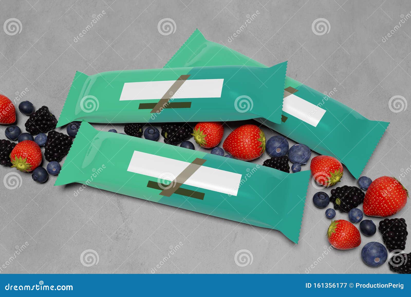 Download Mock Up Of A Cereal Bar Packaging On A Concrete Background With Red Fruits - 3d Rendering Stock ...