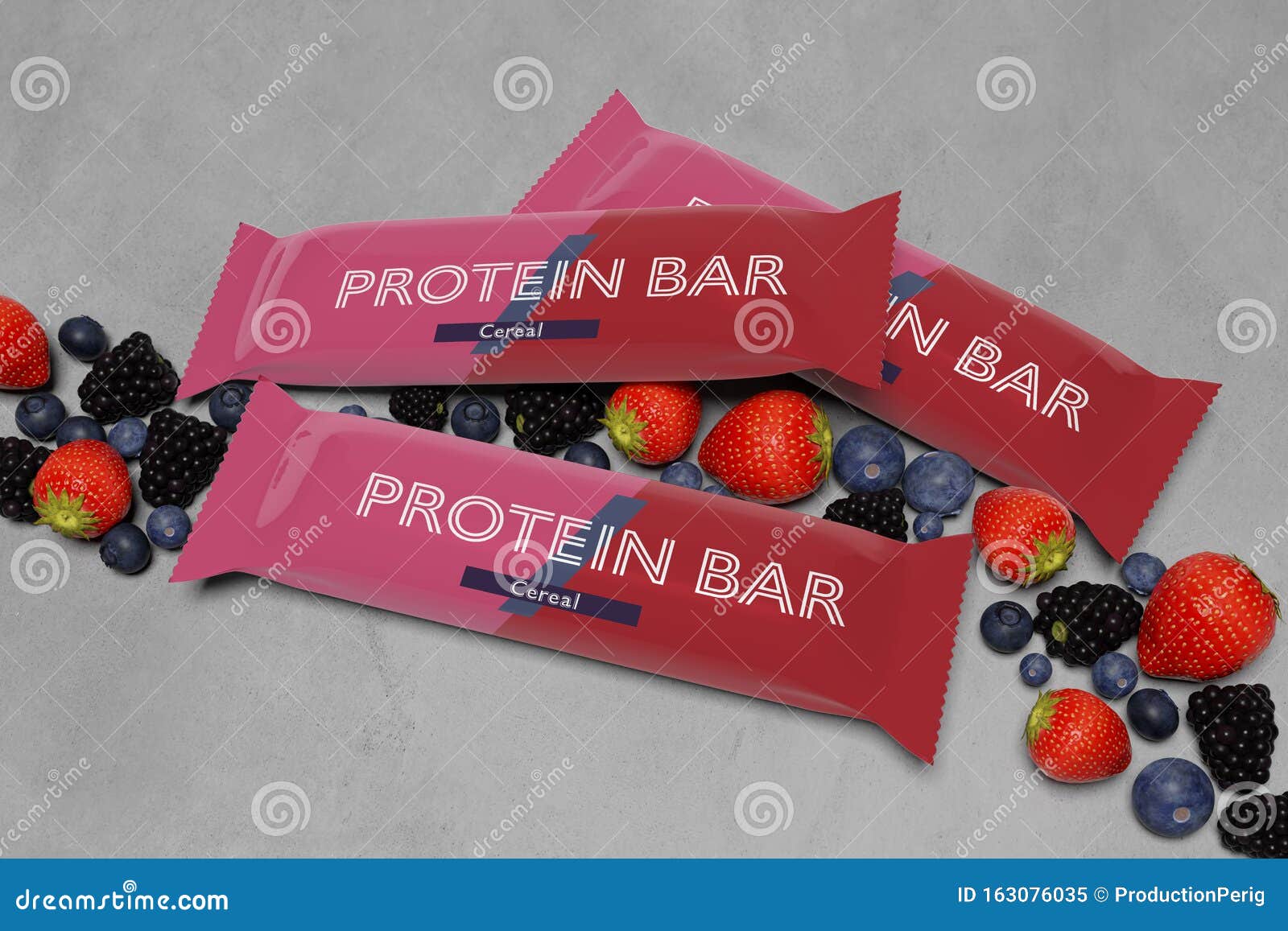 Download Mock Up Of A Cereal Bar Packaging On A Concrete Background With Red Fruits - 3d Rendering Stock ...