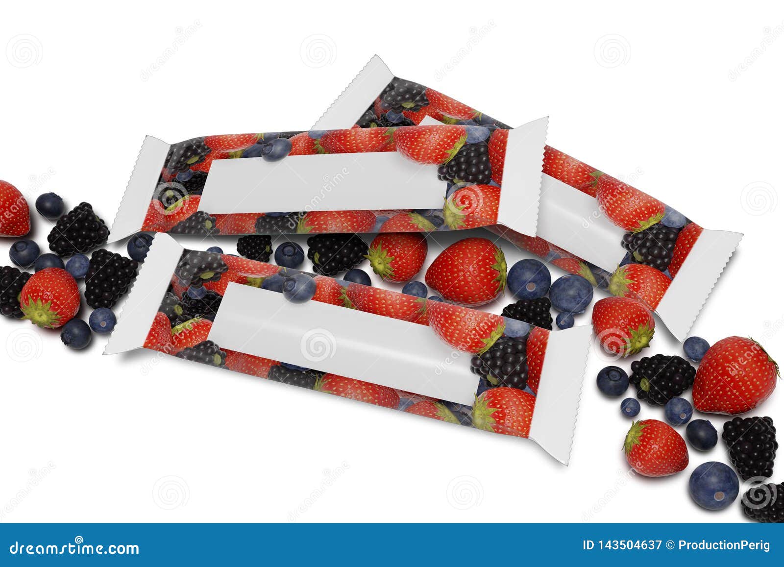 Download Mock Up Of A Cereal Bar Packaging On A White Background With Red Fruits - 3d Rendering Stock ...