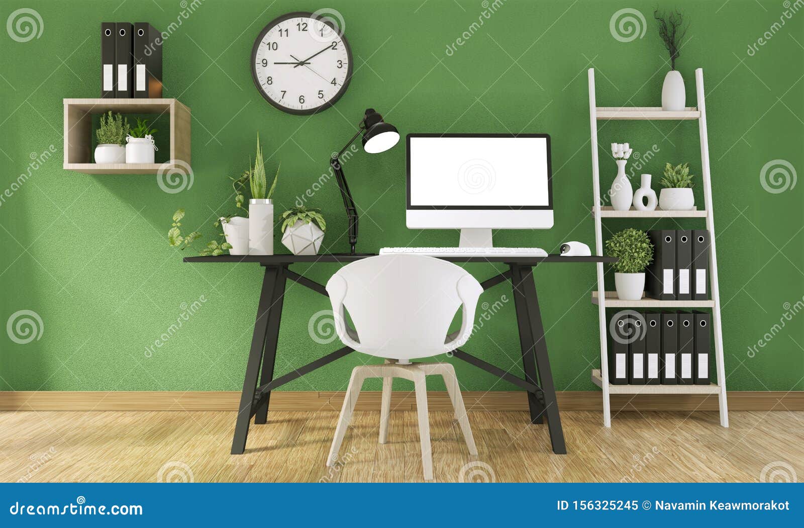 Mock Up Computer with Blank Screen and Decoration in Office Green Room Mock  Up  Rendering Stock Illustration - Illustration of  background3d, floor: 156325245