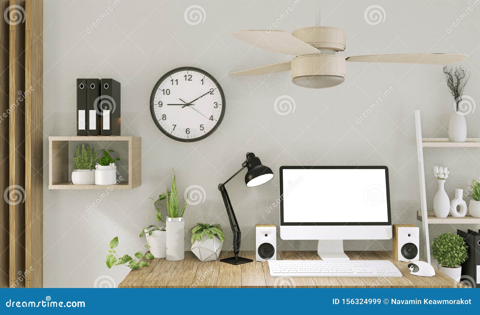 Mock Up Computer with Blank Screen and Decoration in Office Room Mock Up   Rendering Stock Illustration - Illustration of mock, desktop:  156324999