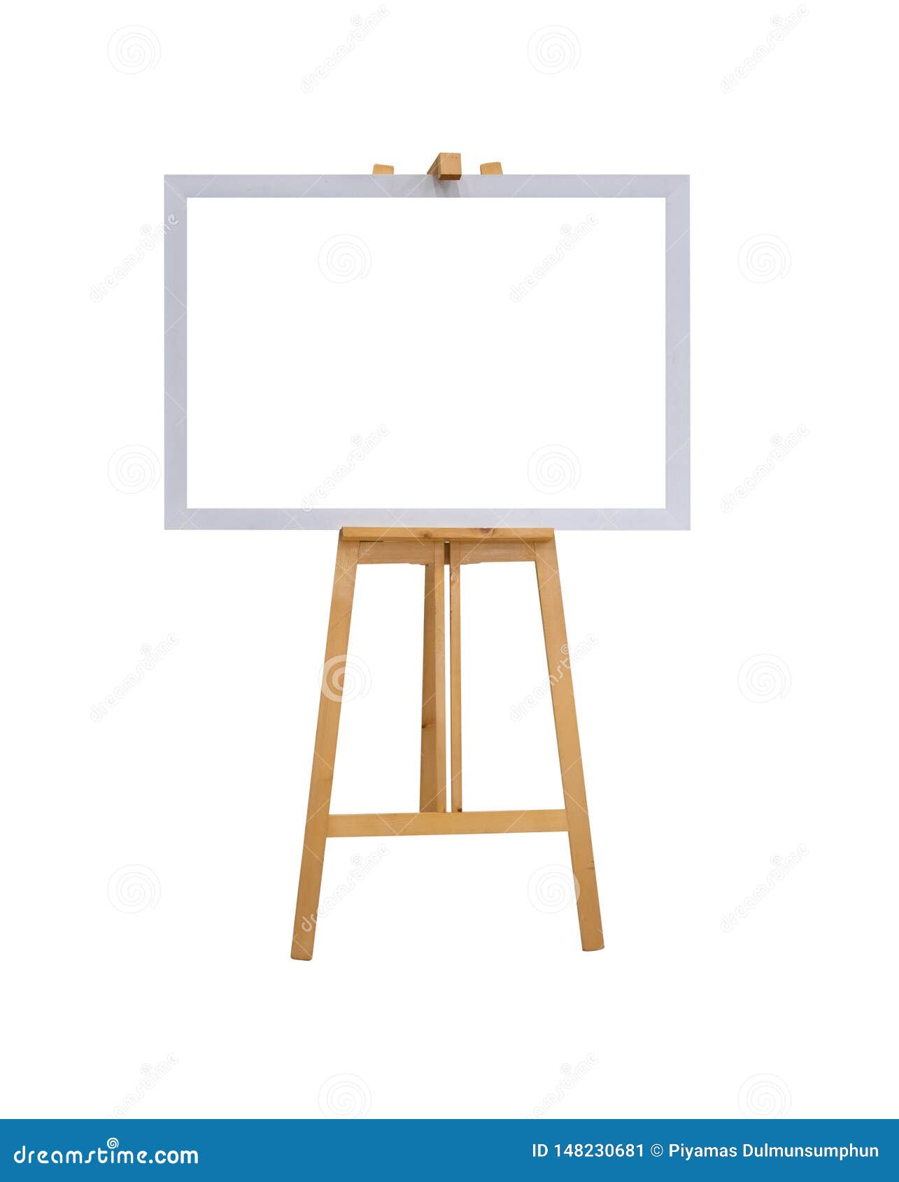 Wood Easel Or Painting Art Board With White Canvas On Blue